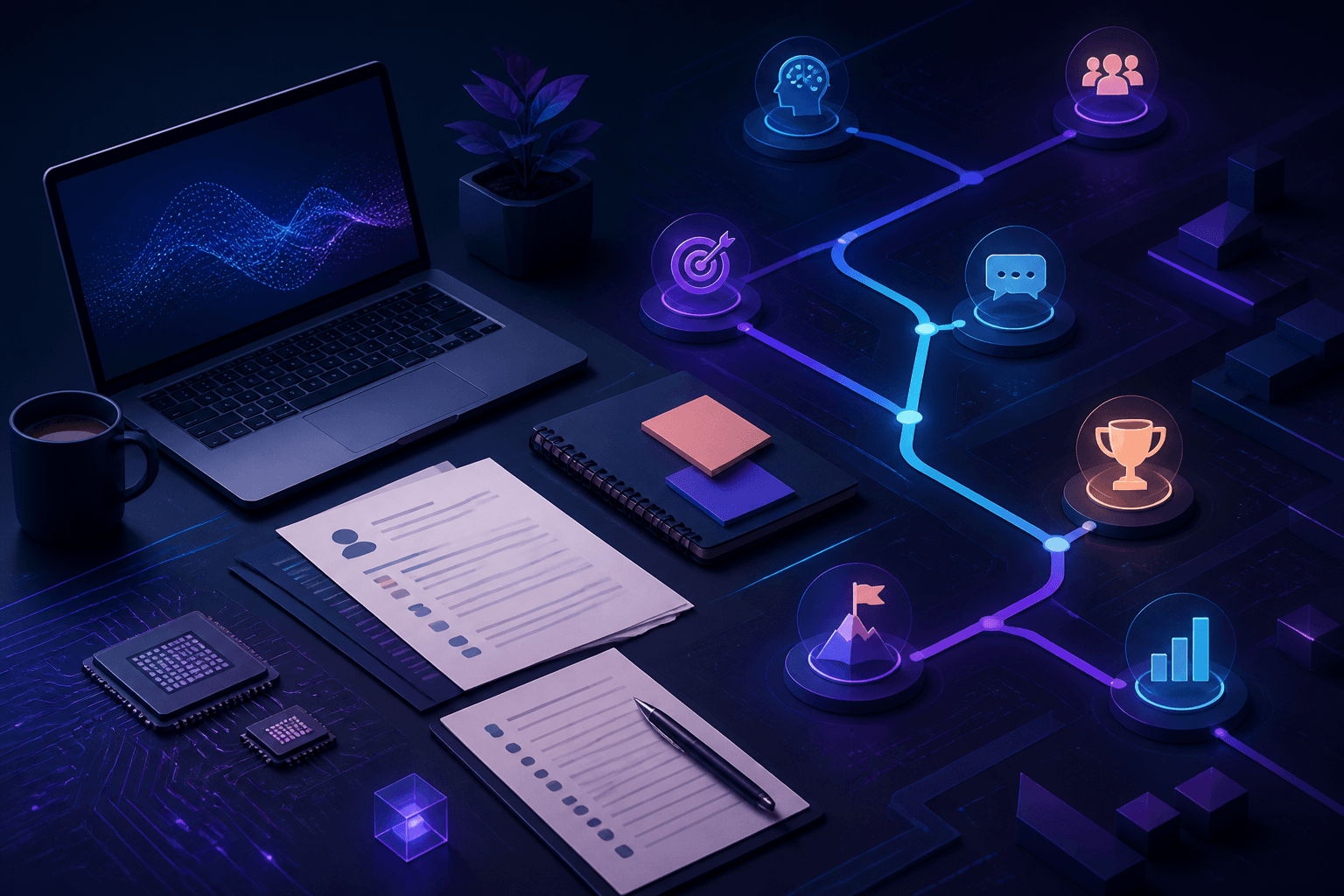 Editorial illustration for a guide on how to get a job at NVIDIA, showing a job seeker preparing a resume and interview notes in a modern technology setting.