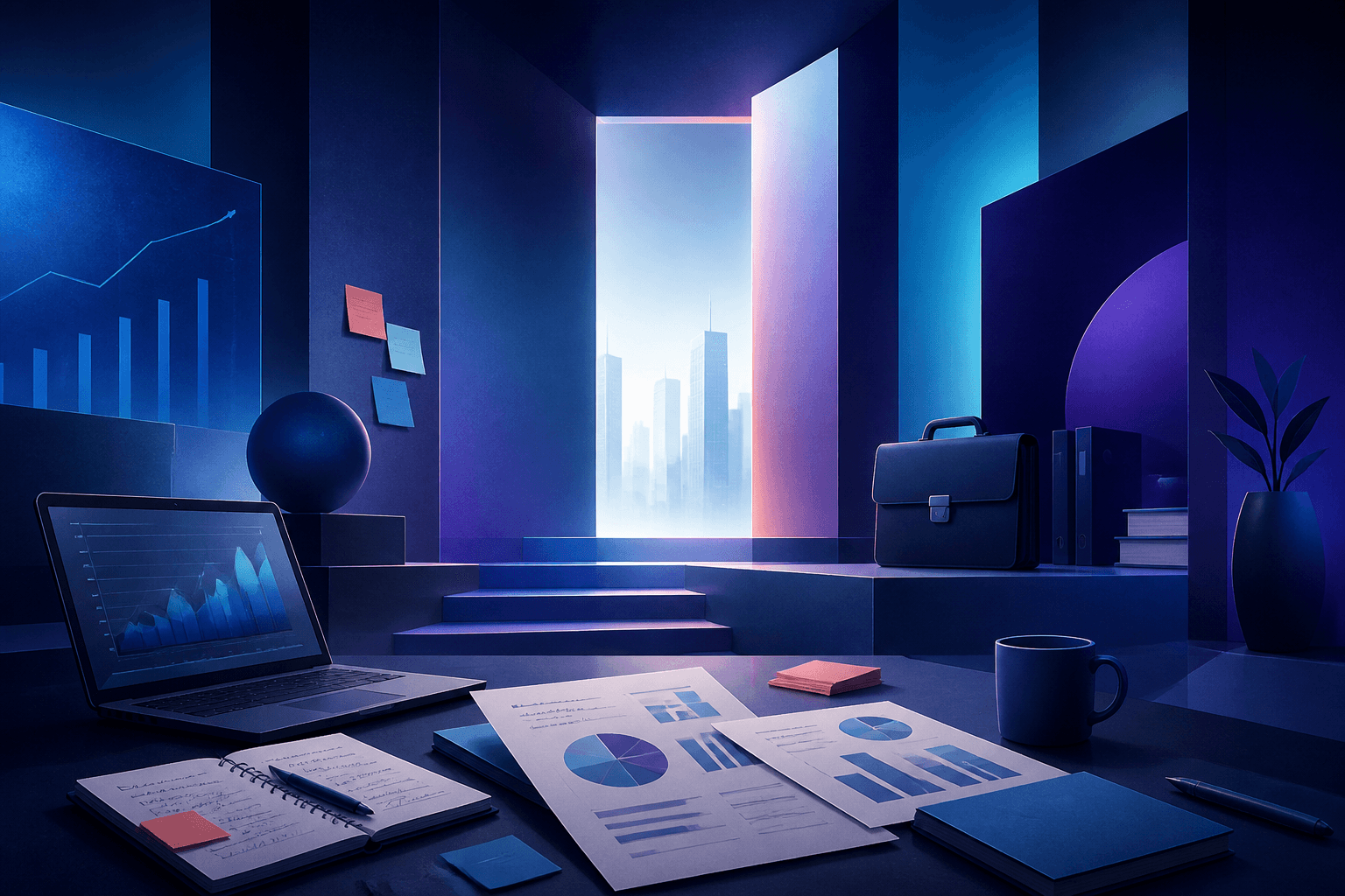 Editorial illustration for a guide on how to get hired at Oliver Wyman, showing consulting interview prep, data charts, and workplace collaboration imagery.