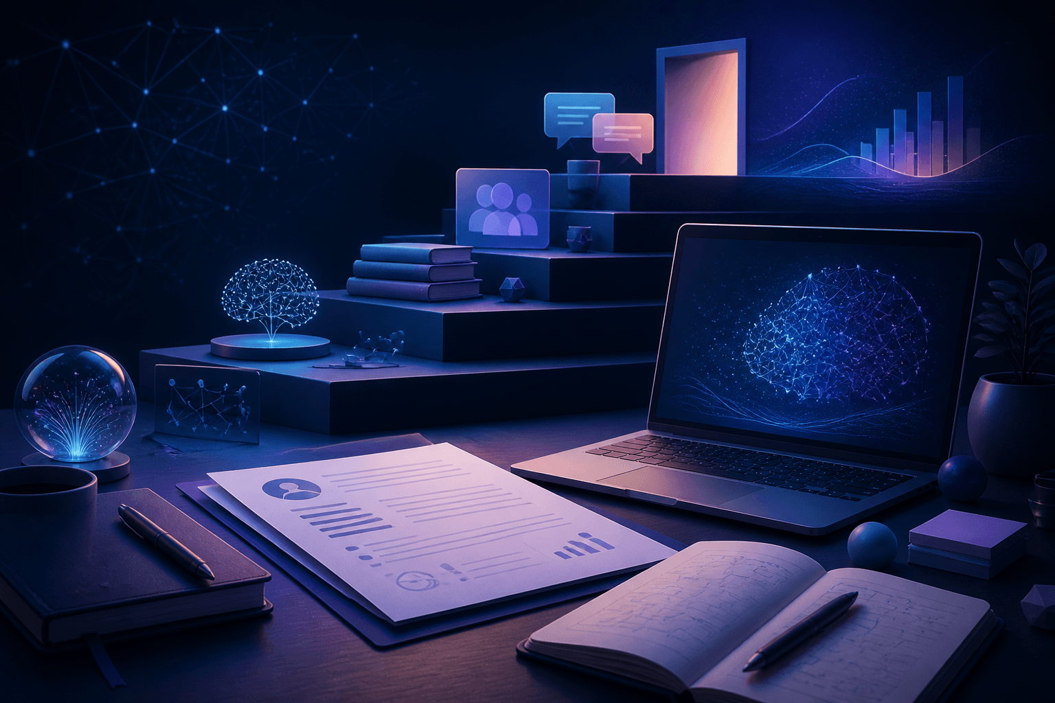 Editorial illustration for a guide on how to get a job at OpenAI, showing a modern candidate workspace with resume pages, interview notes, abstract AI circuitry, and a dark blue, violet, and cyan palette.