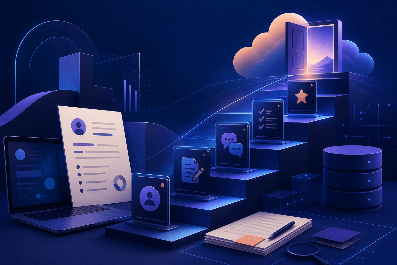 Editorial illustration for a guide on how to get a job at Oracle, showing a modern hiring workflow with abstract technology elements and workplace symbols.