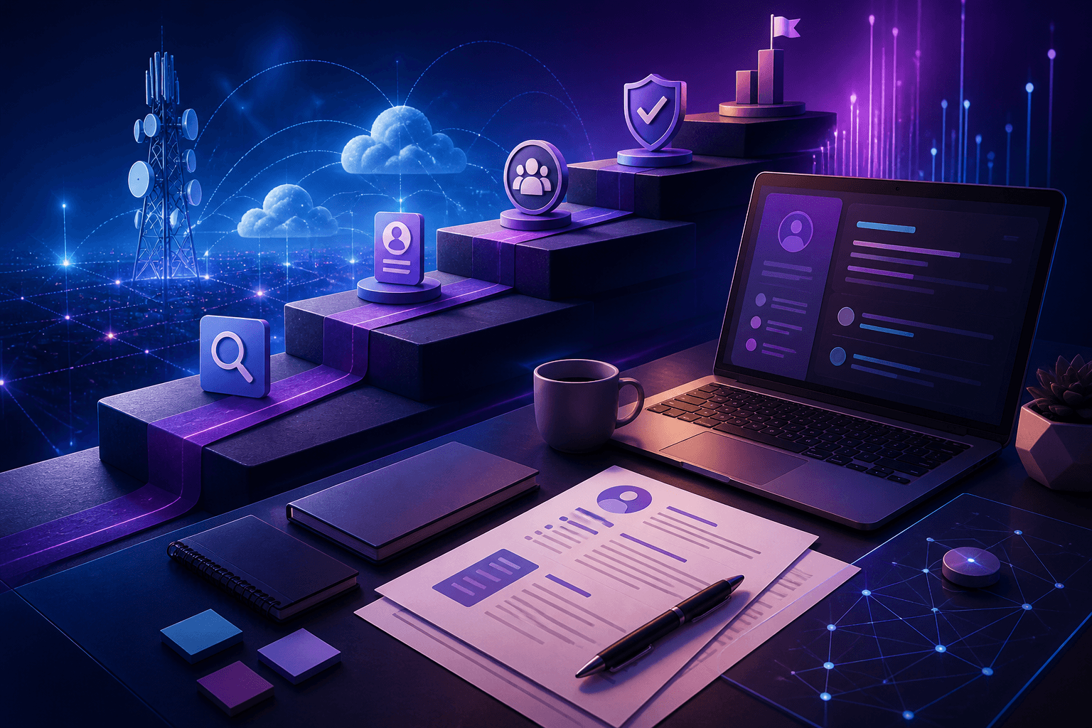 Modern editorial illustration for a guide on getting a job at Orange, showing a job search workspace with network, cloud, and cybersecurity symbols in a dark blue and cyan palette.