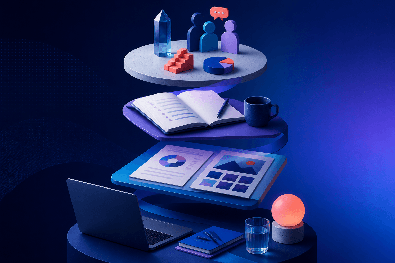 Editorial illustration for a guide on how to get a job at PA Consulting, showing a consulting workspace with abstract charts, documents, laptop, and collaboration themes in dark blue and violet tones.