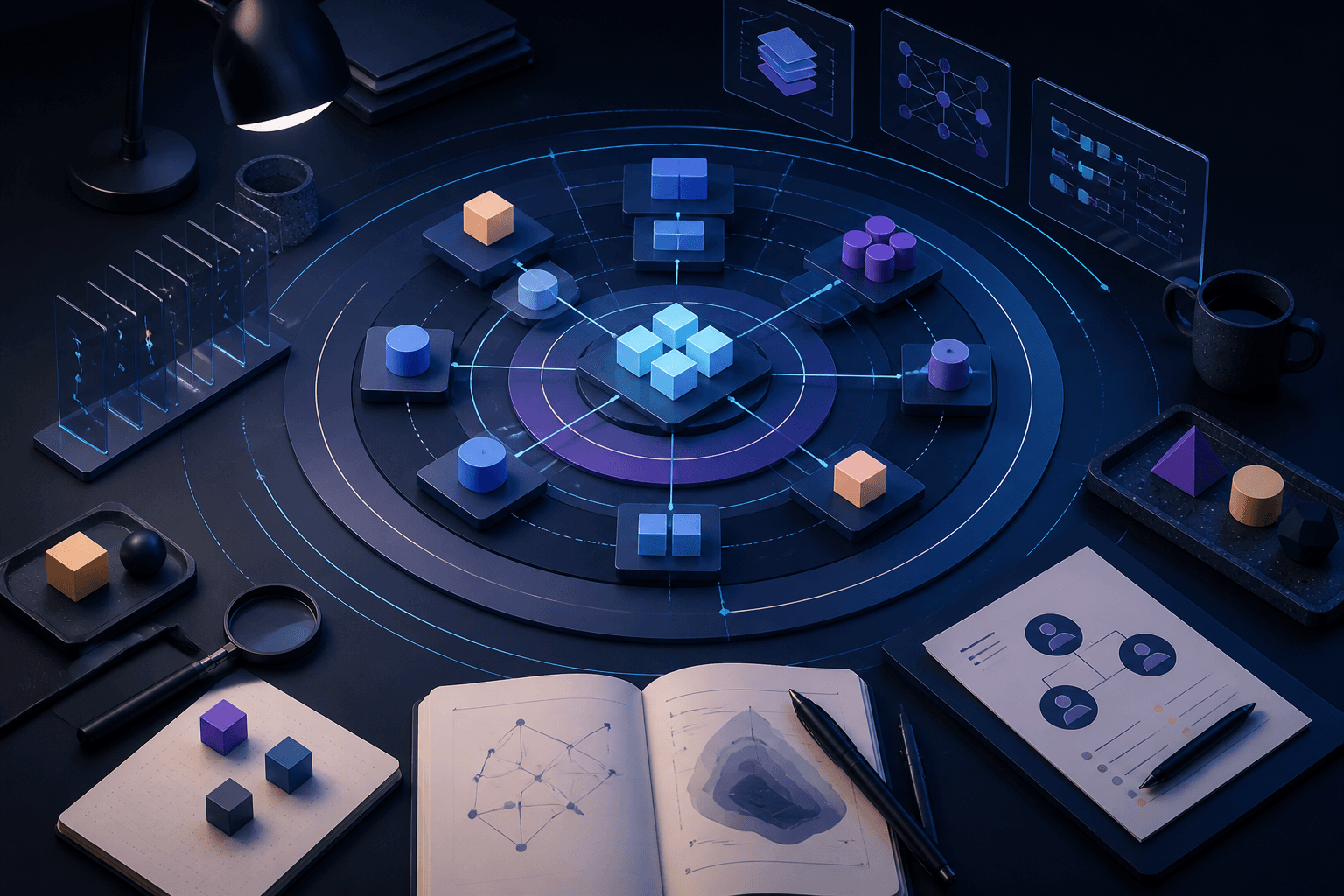 Editorial illustration for a Palantir hiring guide showing a technical interview workspace with abstract system diagrams, code windows, and teamwork elements.