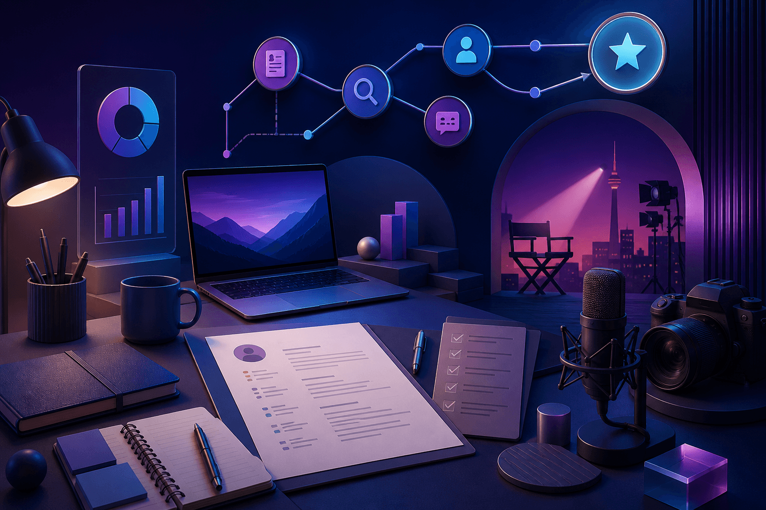 Editorial illustration for a guide on how to get a job at Paramount Global, showing a candidate workspace with resume, interview notes, and media industry symbols.