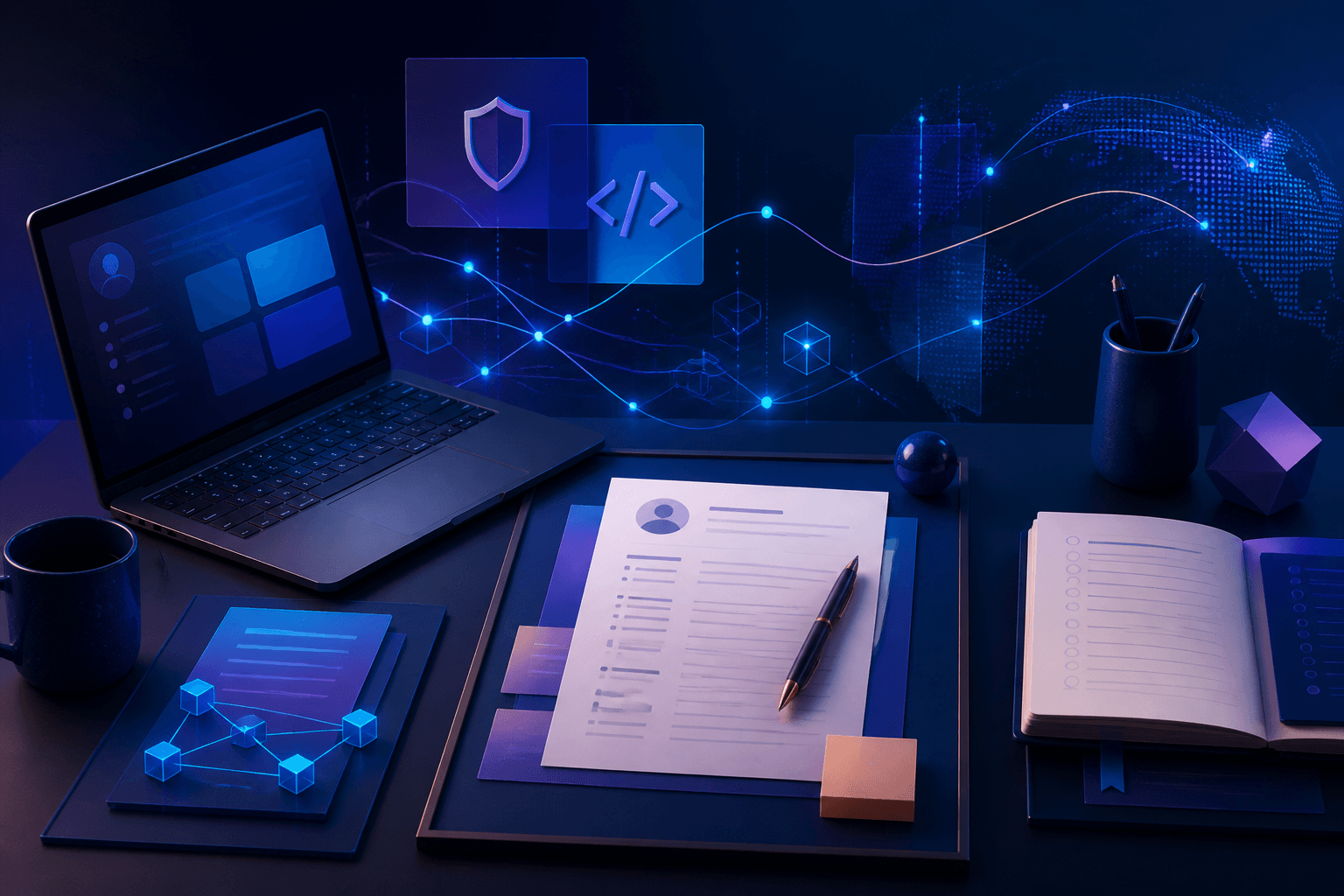 Editorial illustration of a job search workspace with a resume, laptop, abstract payment network graphics, and modern office tools for a PayPal hiring guide page.