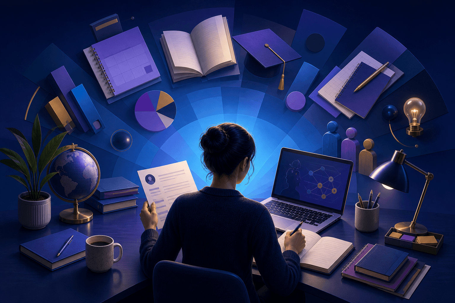 Modern editorial illustration for a guide about getting hired at Pearson, showing a job seeker reviewing a laptop, a resume checklist, and education-themed abstract shapes in a blue and violet workspace.
