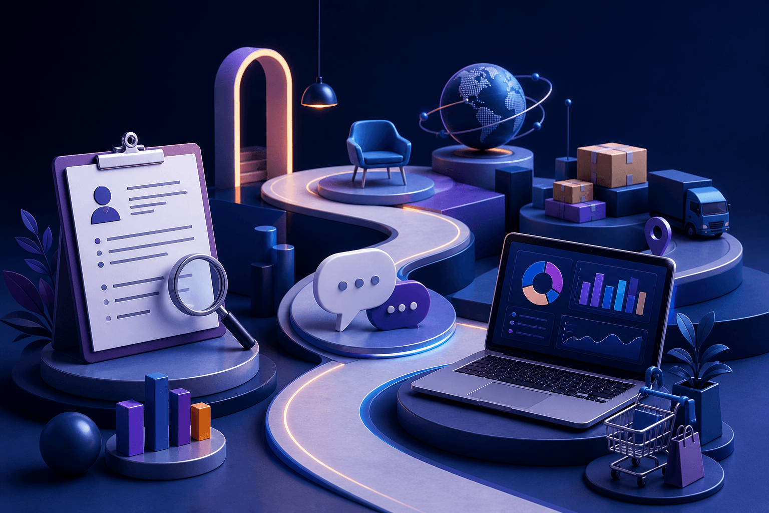 Editorial illustration for a guide on how to get a job at PepsiCo, showing a modern hiring journey with resume, interview, supply chain, sales, and technology symbols.