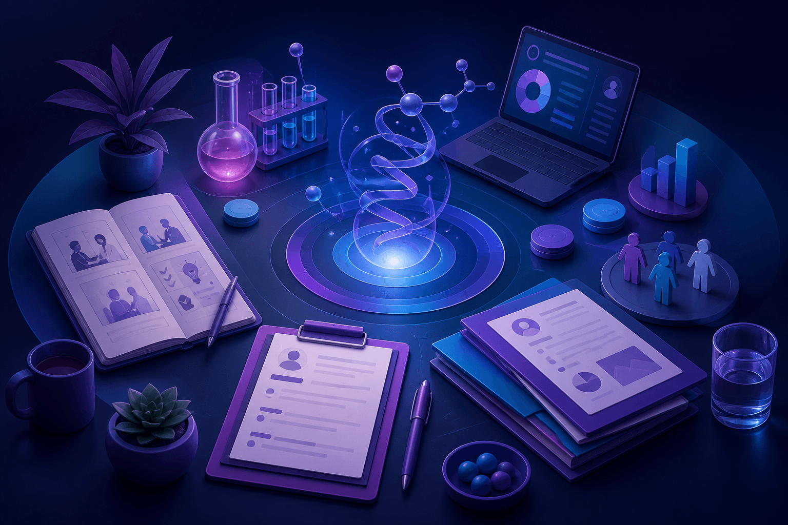 Editorial illustration for a guide on how to get a job at Pfizer, showing a modern healthcare workplace with scientists, digital charts, and interview prep elements.