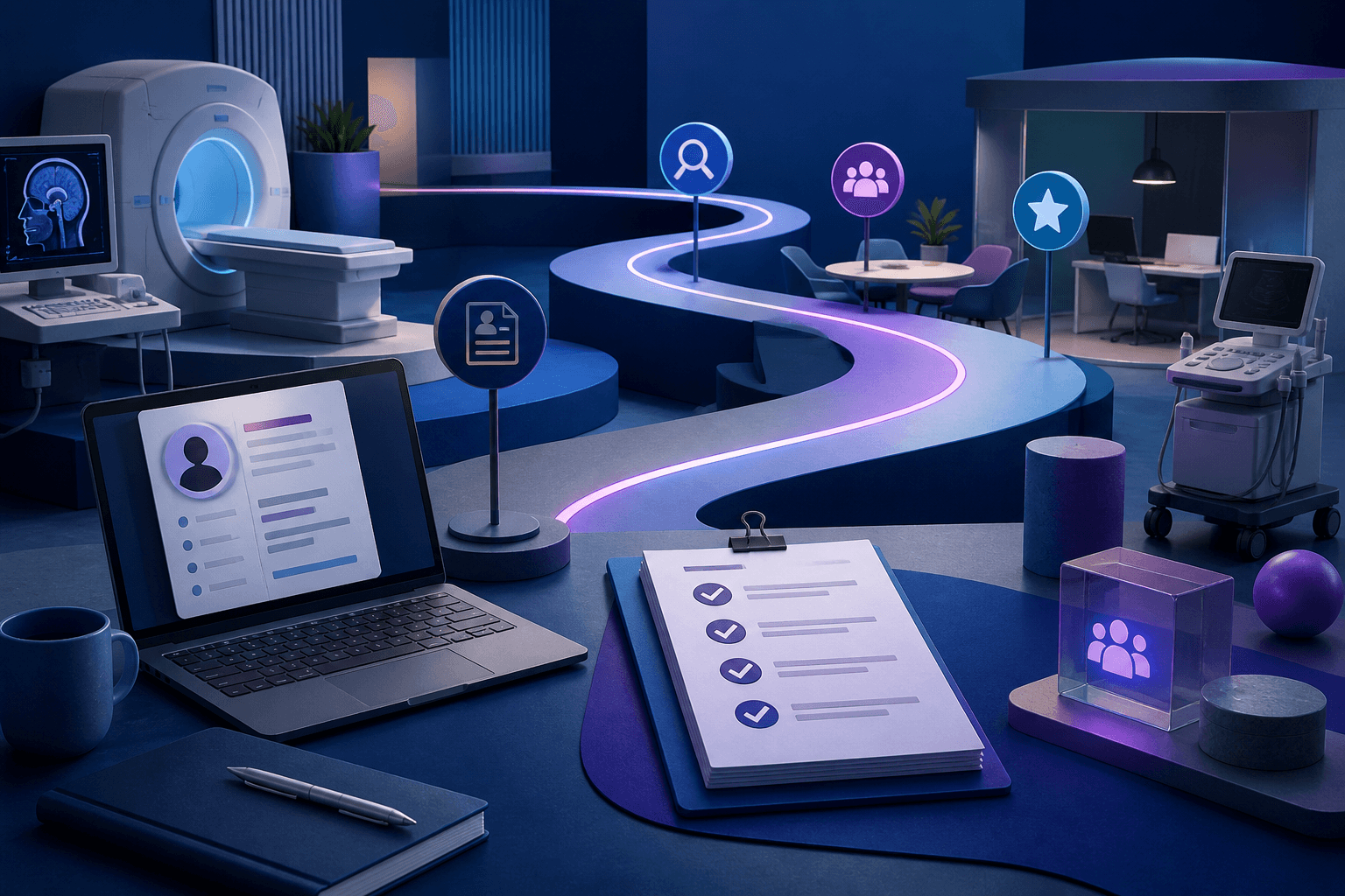 Editorial illustration for a Philips hiring guide showing a healthcare technology workspace with abstract devices, documents, and collaboration elements in a dark blue, violet, and cyan theme.