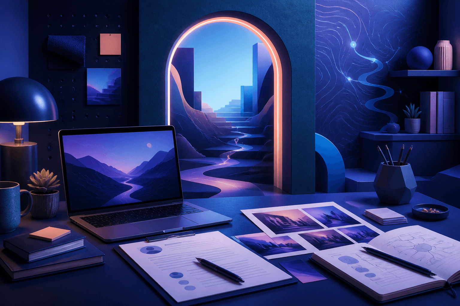 Editorial illustration for a guide on how to get a job at Pinterest, showing a candidate workspace with laptop, portfolio cards, sticky notes, and abstract charts in a dark blue and violet theme.