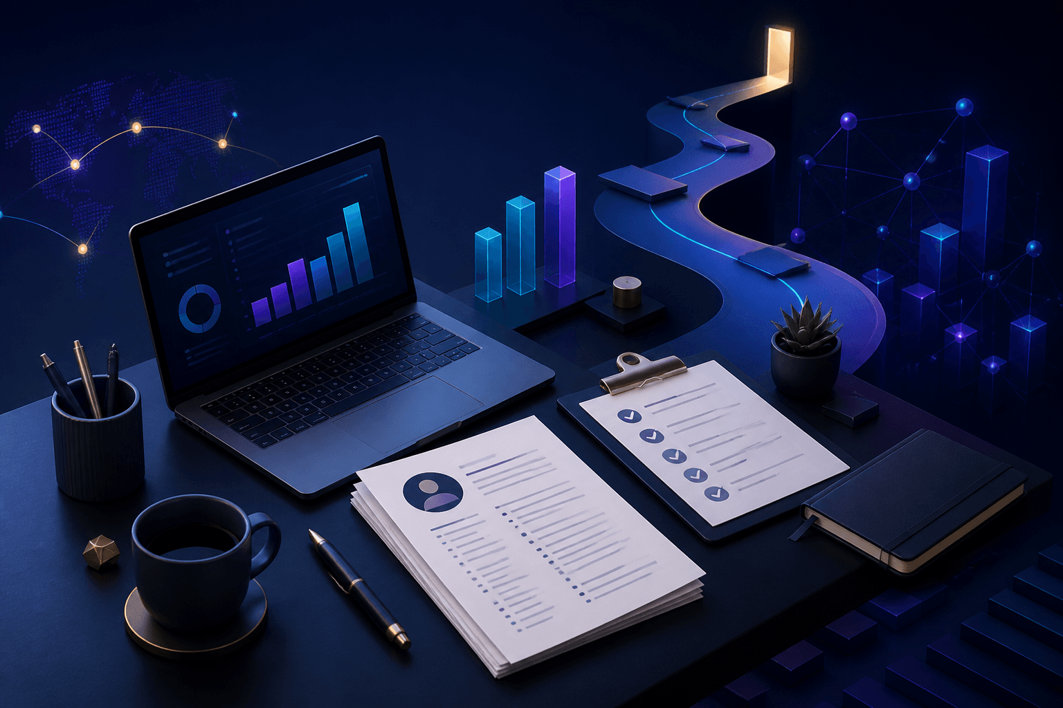 Editorial illustration for a guide on how to get a job at Plaid, showing a fintech job search workspace with resume sheets, interview notes, abstract finance icons, and a modern office backdrop.