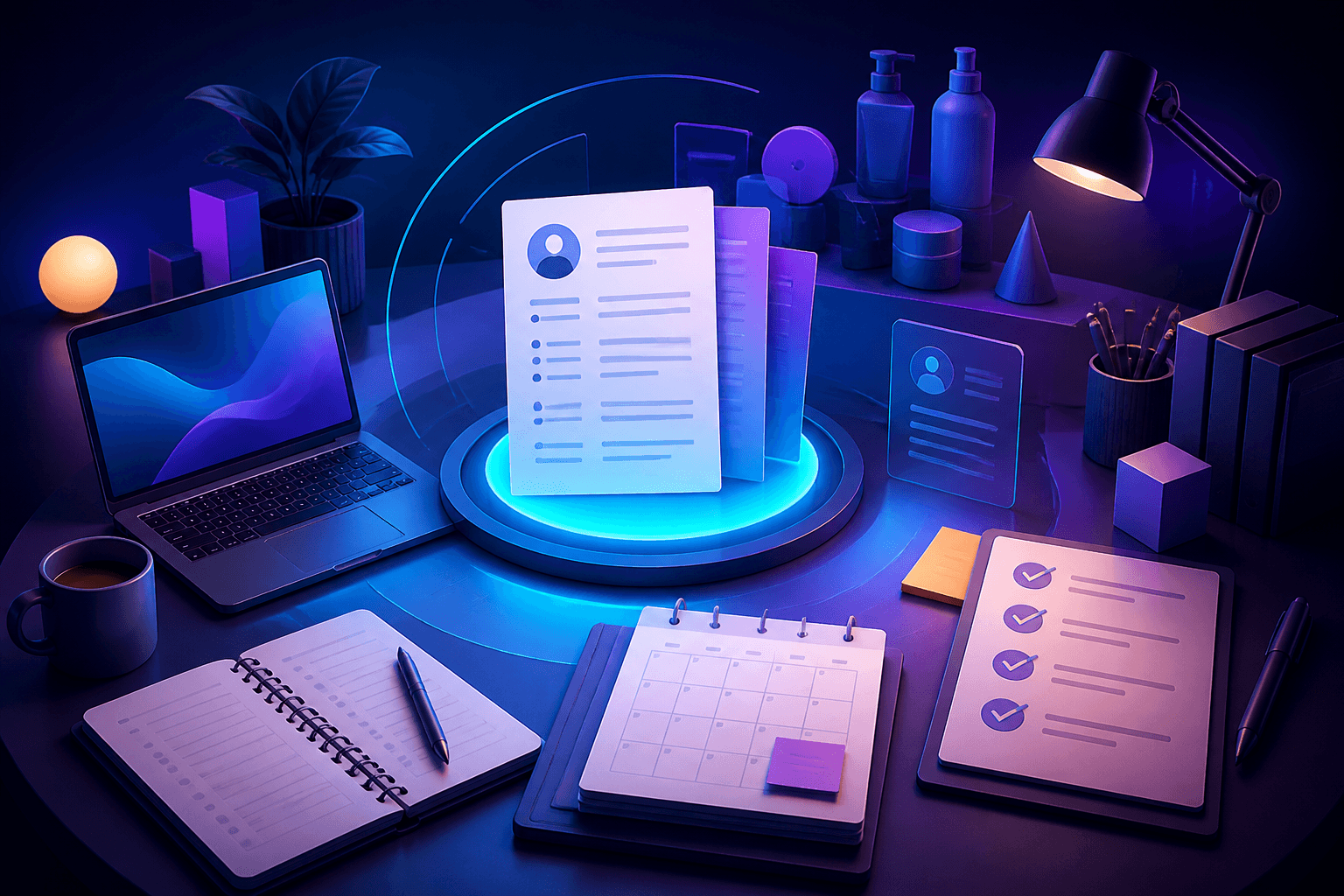 Modern editorial illustration for a guide on getting hired at Procter & Gamble, showing a candidate-ready workspace with resume pages, interview notes, and abstract workplace elements in dark blue, violet, and cyan.