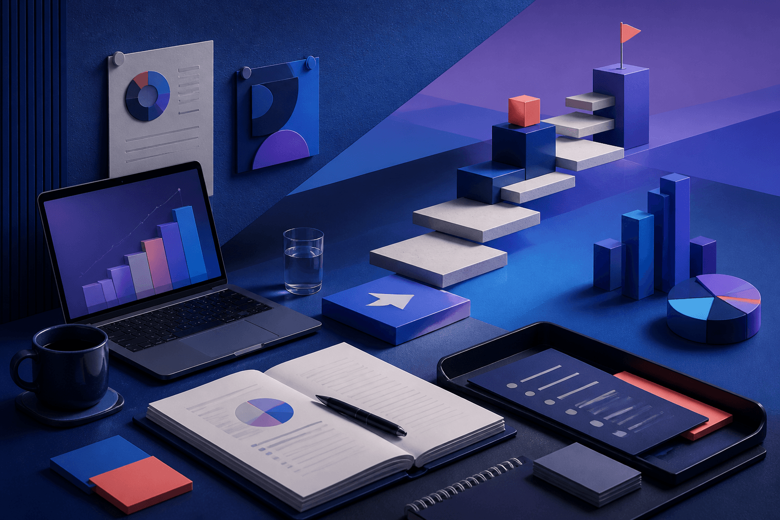 Editorial illustration for a guide on how to get a job at PwC, showing a modern consulting and professional services workspace with abstract documents, charts, and collaboration symbols.