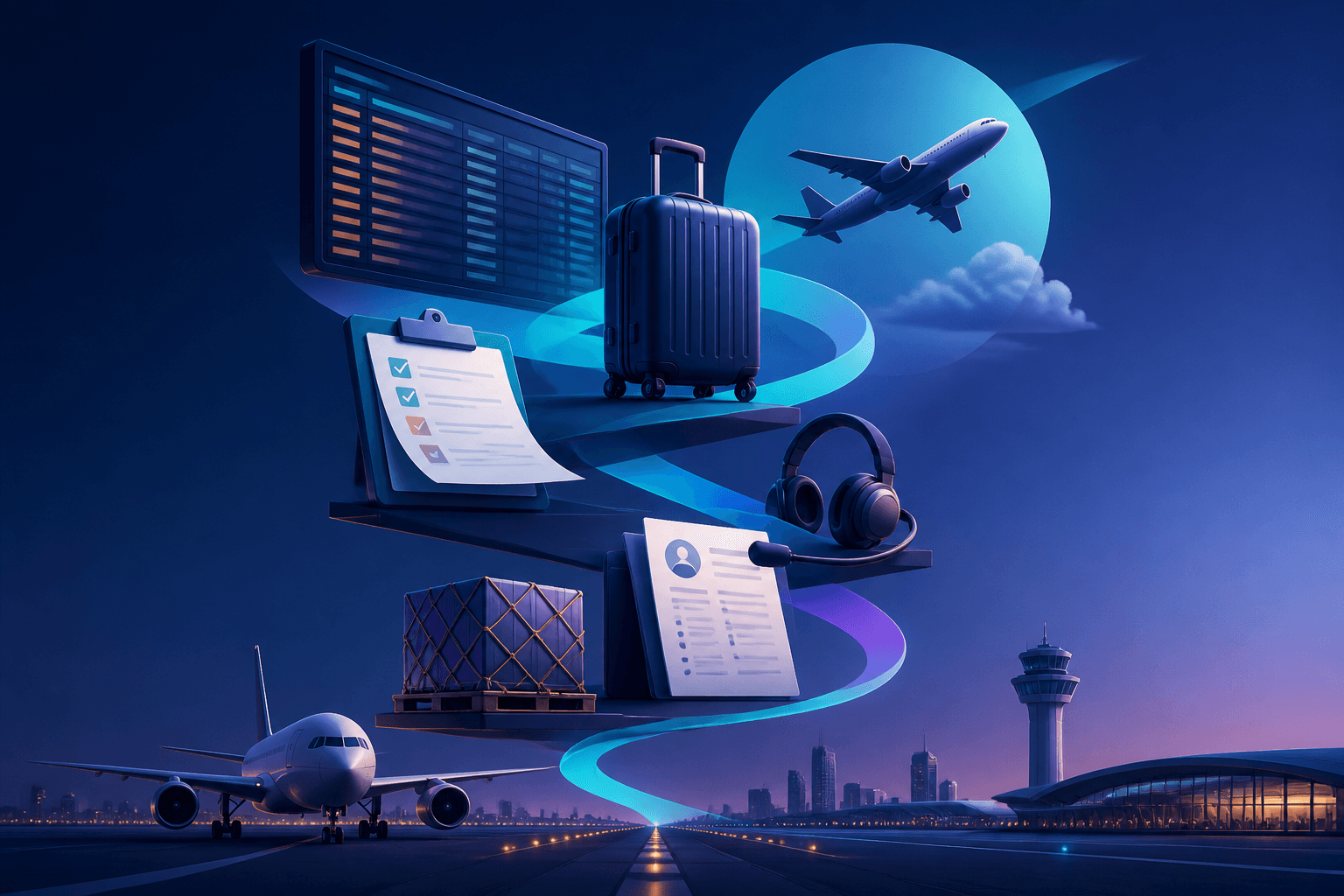 Editorial illustration for a guide on how to get a job at Qatar Airways, showing aviation, airport, and hiring themes in a modern dark blue and violet style.