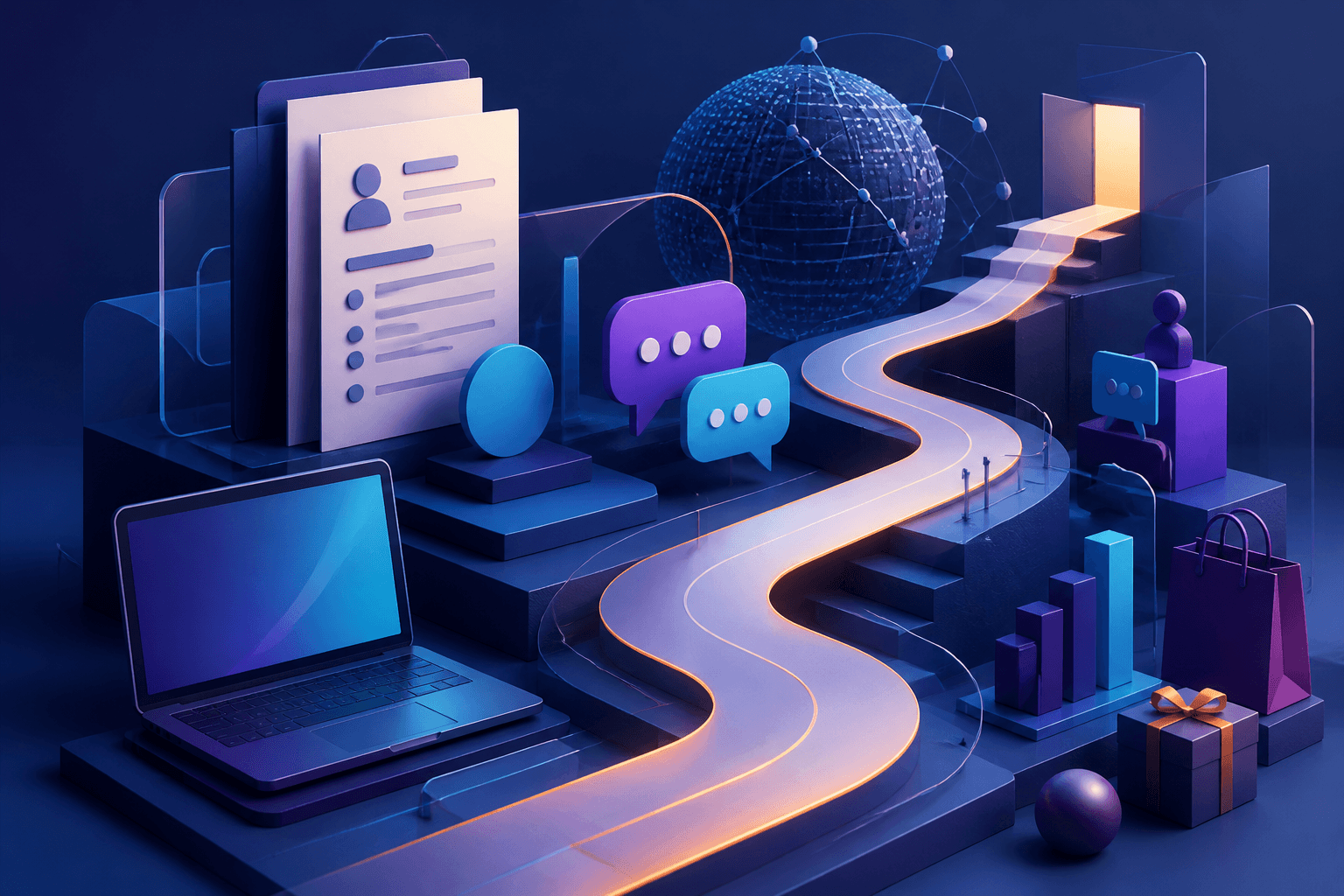 Modern editorial illustration for a hiring guide about getting a job at Rakuten, showing abstract hiring and career-growth concepts in a dark blue, violet, and cyan palette.