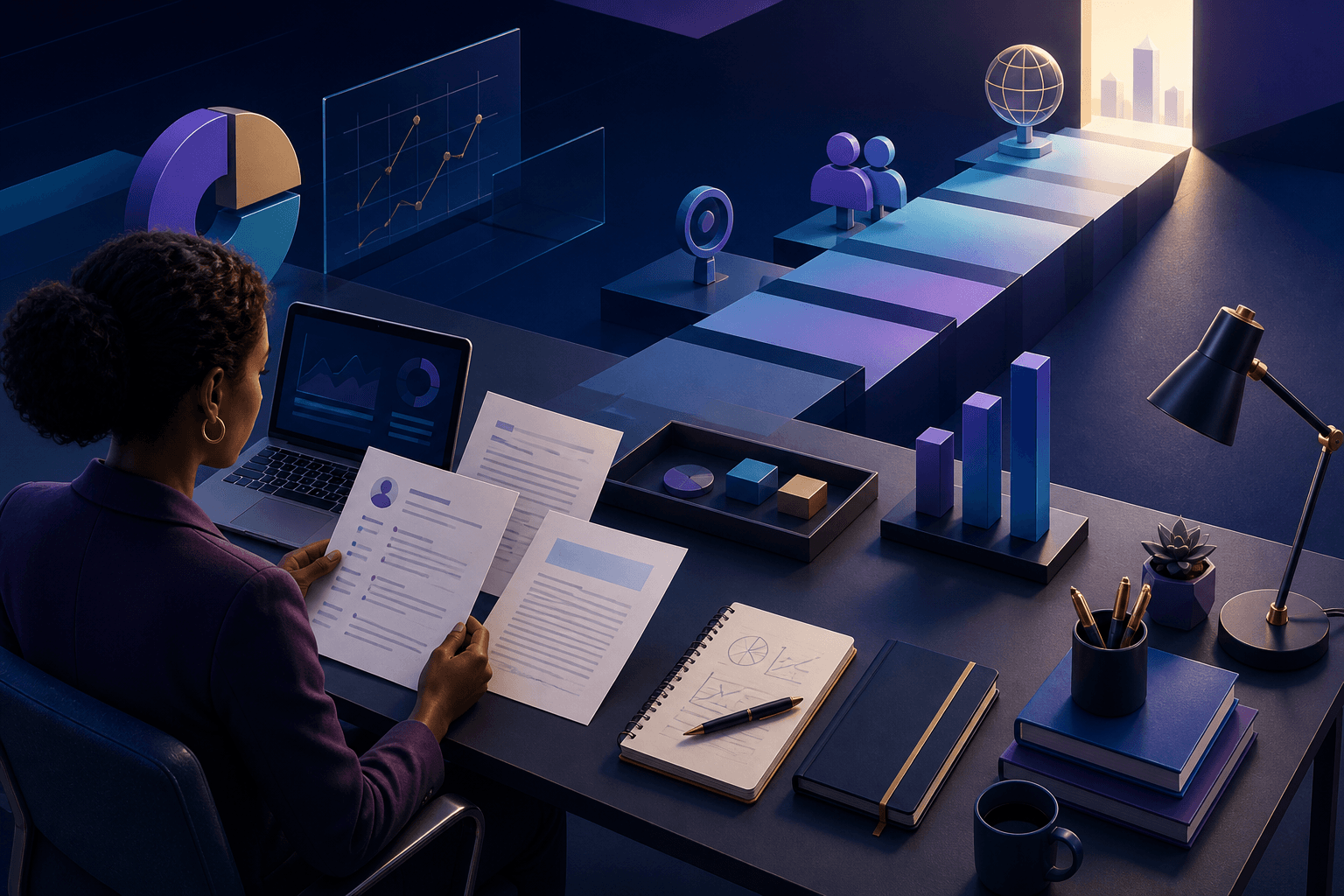 Editorial illustration of a job seeker preparing application materials for a research and policy employer, with documents, charts, and abstract office elements.