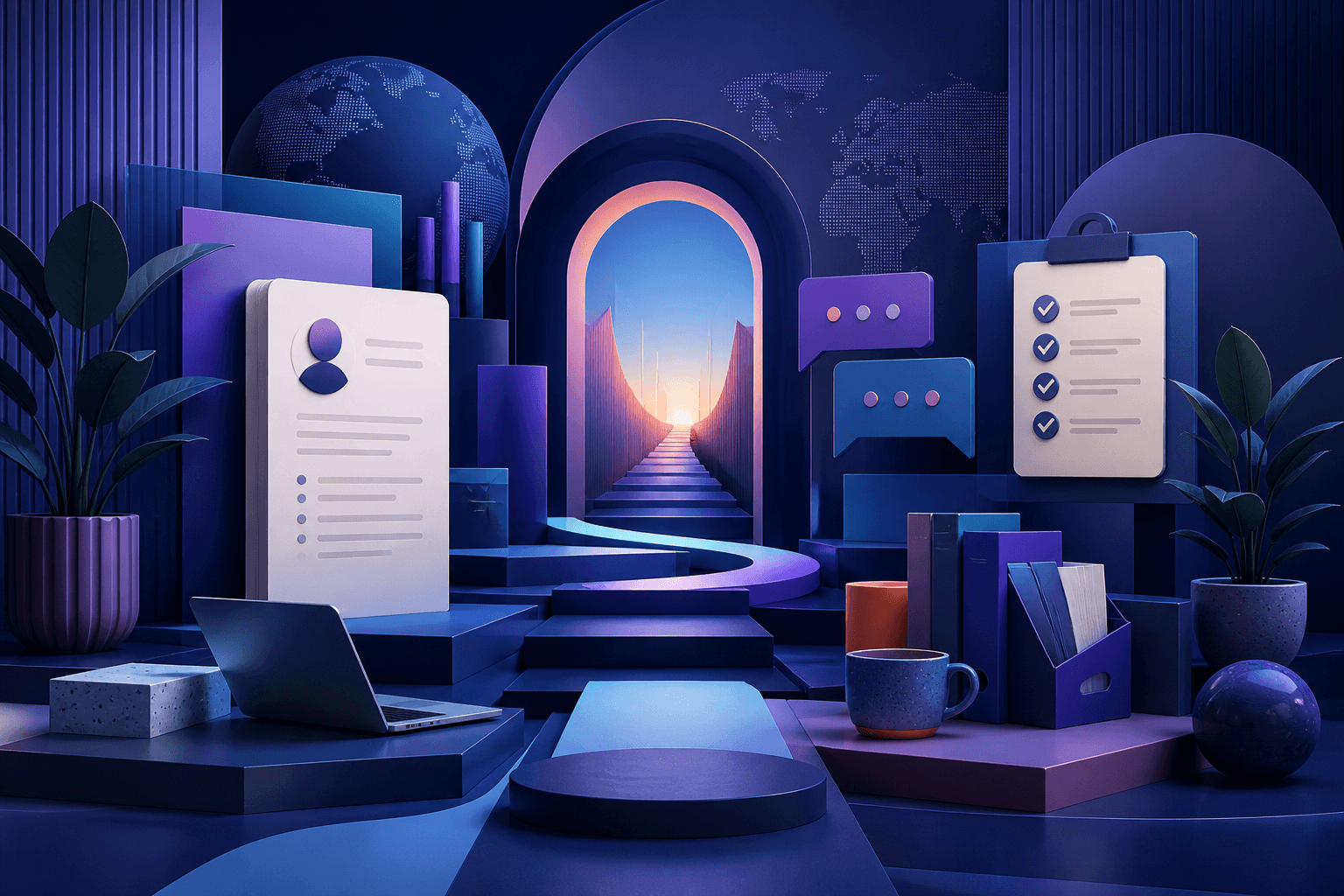 Editorial illustration for a guide on how to get a job at Reckitt, showing a candidate roadmap with resume, interview, and application elements in a modern workplace setting.