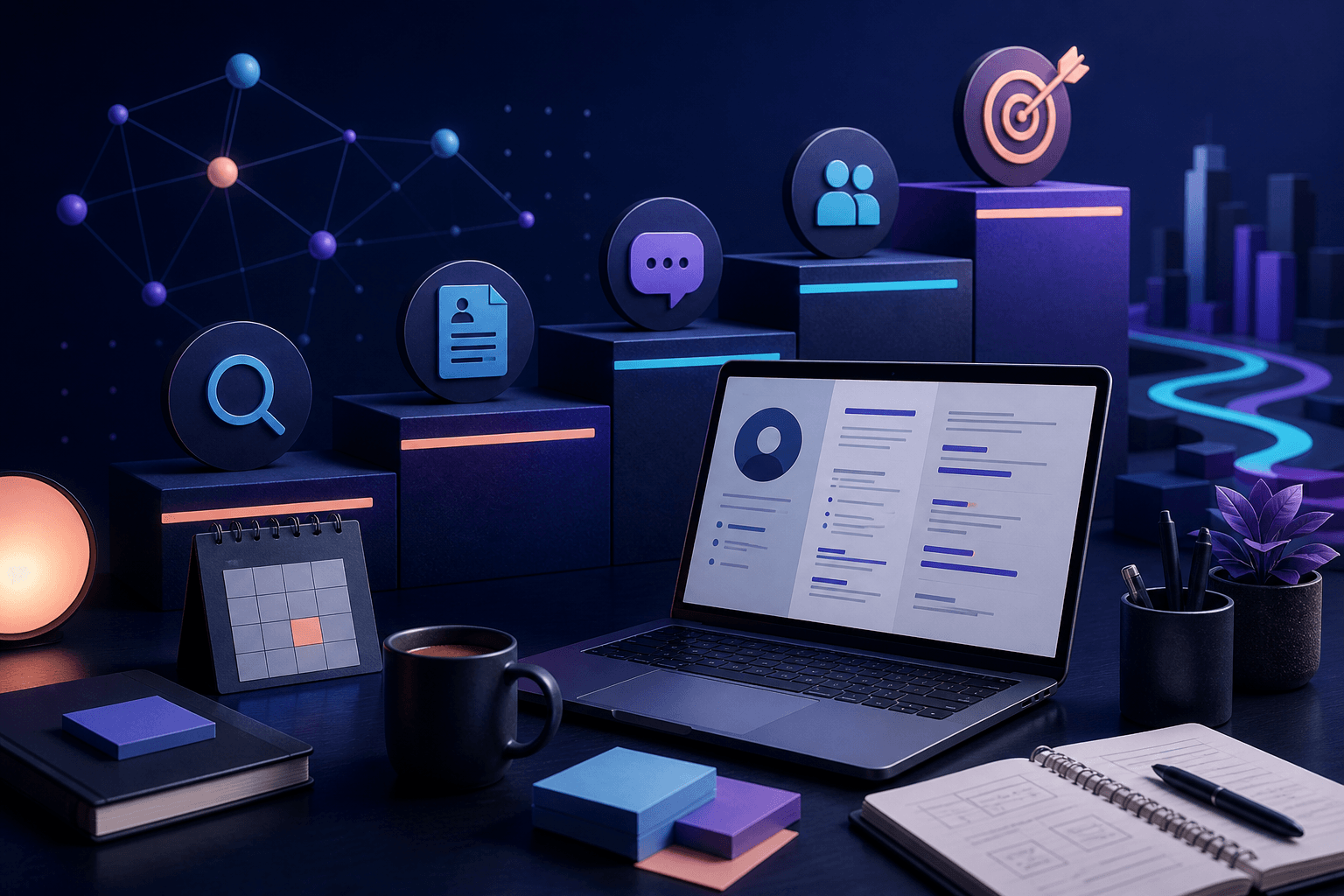 Editorial illustration for a guide on how to get a job at Reddit, showing a modern recruiting workflow with laptop, résumé, interview notes, and abstract workplace elements.
