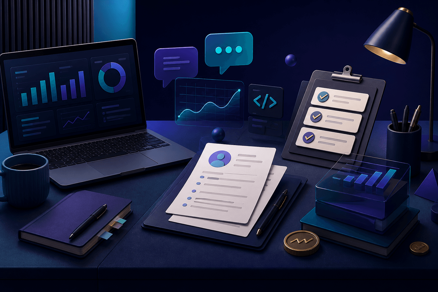Modern editorial illustration for a Revolut hiring guide, showing fintech work themes like charts, laptops, and interview prep in a dark blue and violet palette.