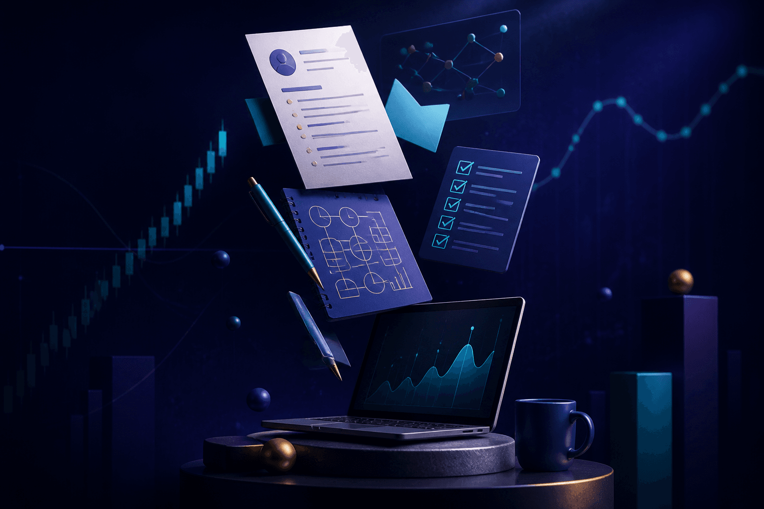 Editorial illustration for a Robinhood hiring guide with abstract fintech shapes, charts, and interview prep objects in a dark blue and violet palette.