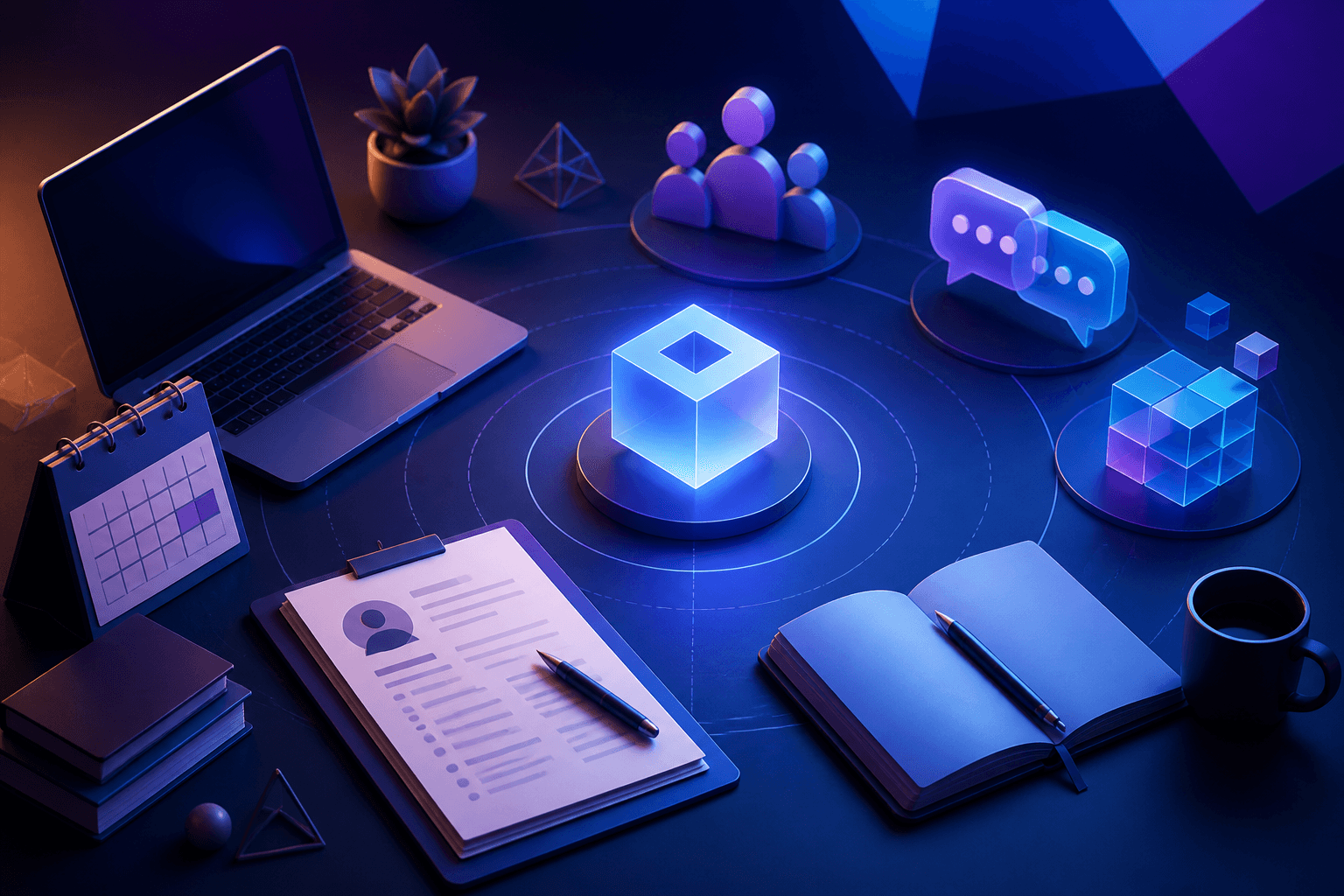 Editorial illustration for a guide on how to get a job at Roblox, showing a modern hiring workflow with resume, interview, and teamwork elements.