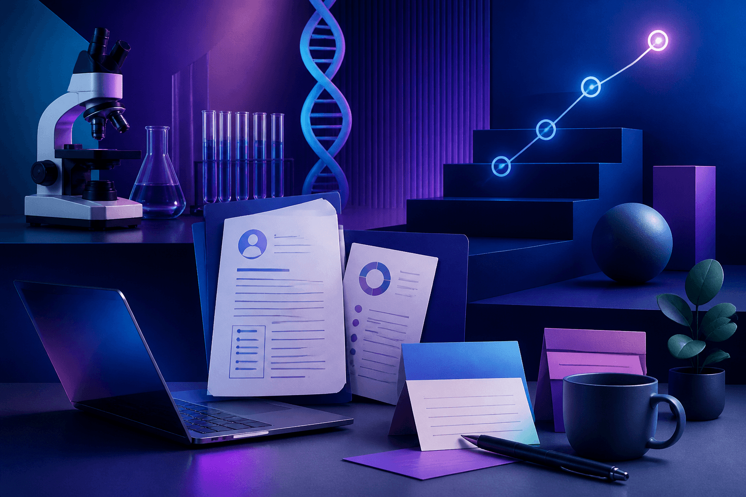 Editorial illustration for a Roche hiring guide, showing a modern healthcare and life sciences workspace with abstract documents, interview notes, a microscope, a laptop, and a career path diagram in dark blue, violet, and cyan tones.