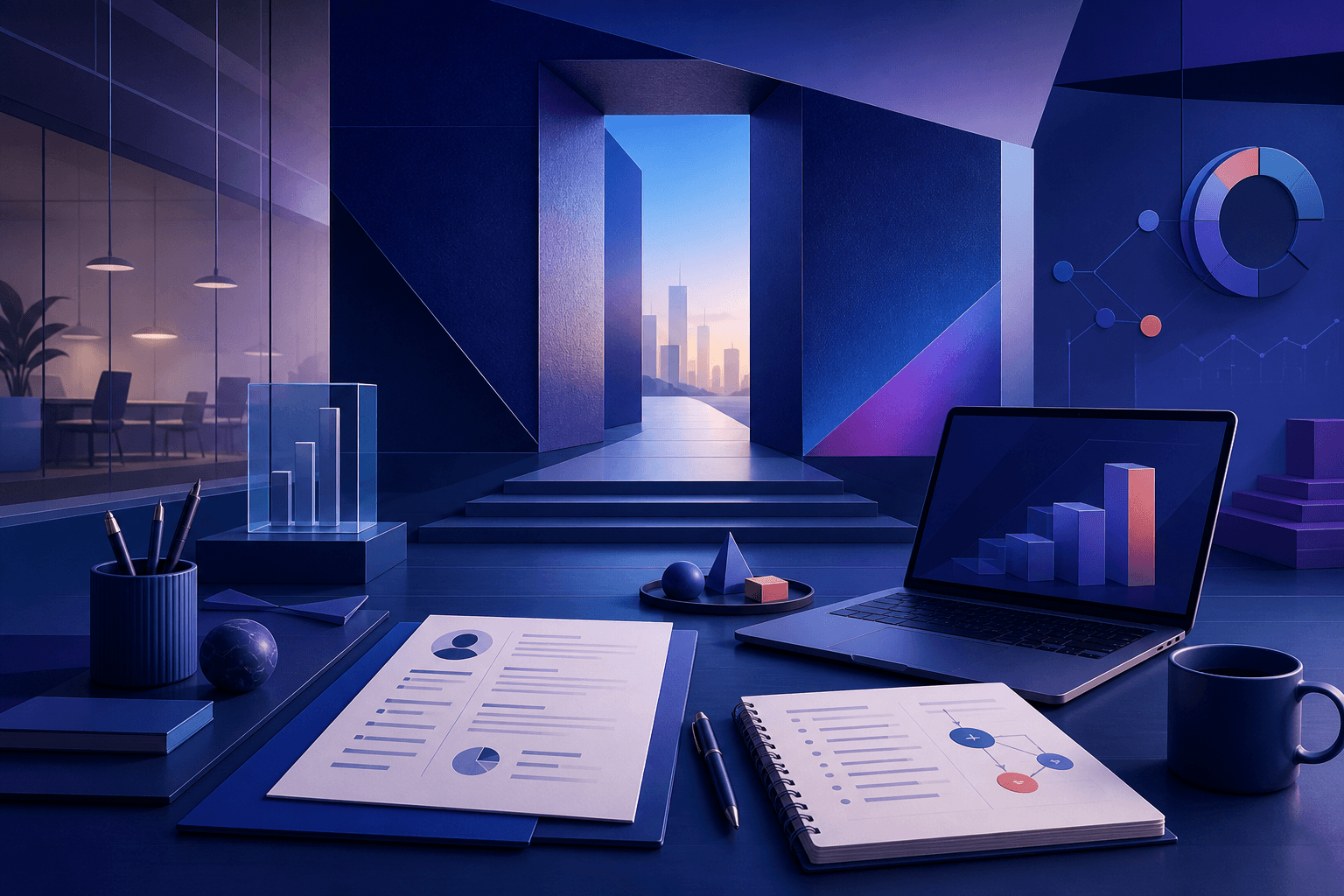 Editorial illustration for a guide on how to get a job at Roland Berger, showing a consulting desk, interview notes, abstract charts, and modern workplace elements in a dark blue and violet palette.