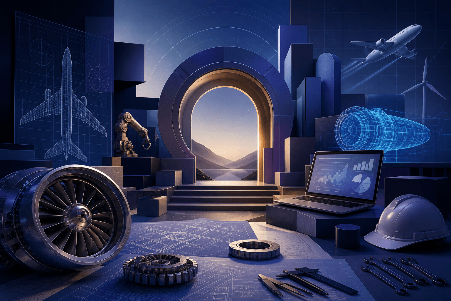 Editorial illustration for a guide on how to get a job at RTX, showing aerospace, manufacturing, and technology workplace elements in a dark blue and cyan style.