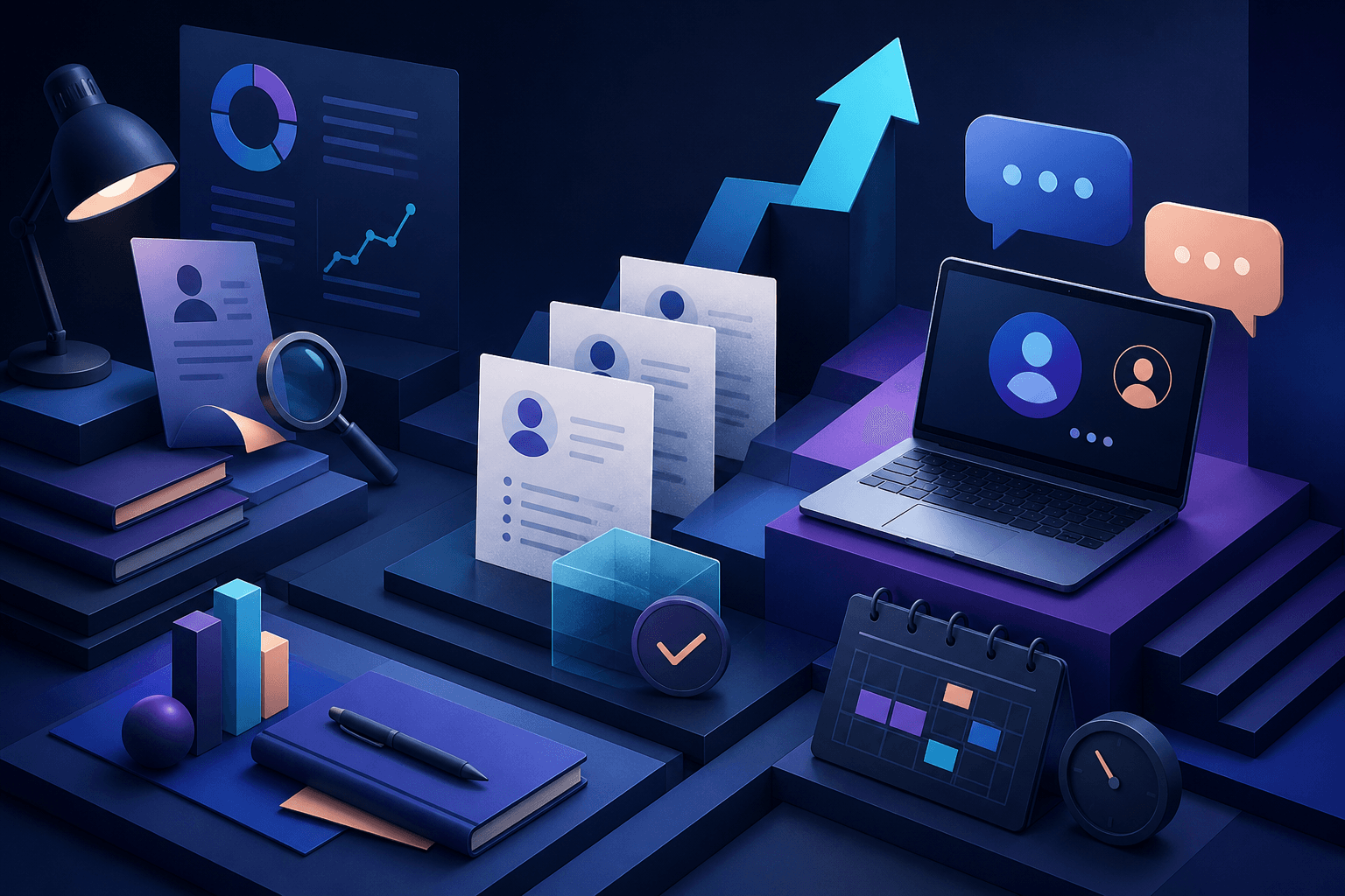 Editorial illustration for a guide on how to get a job at Salesforce, showing a modern hiring workflow with resume, interview, and career growth symbols in a dark blue and violet palette.