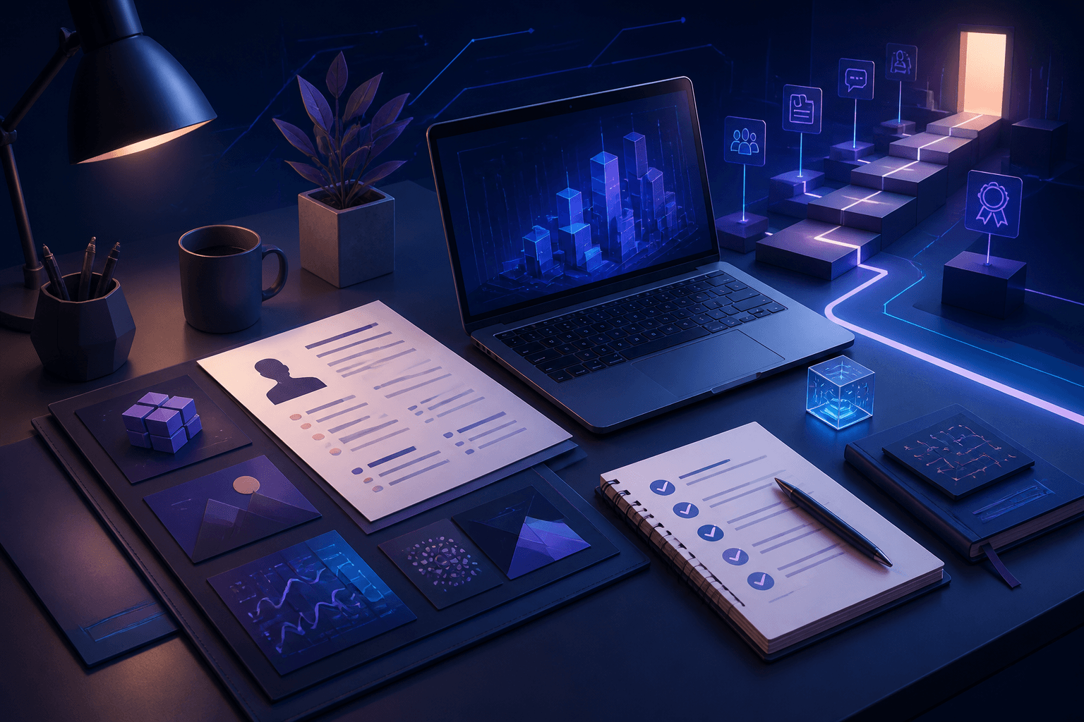 Editorial illustration of a job seeker preparing for Samsung Electronics hiring, with resume, portfolio, laptop, interview notes, and abstract tech shapes in a dark blue and violet workspace