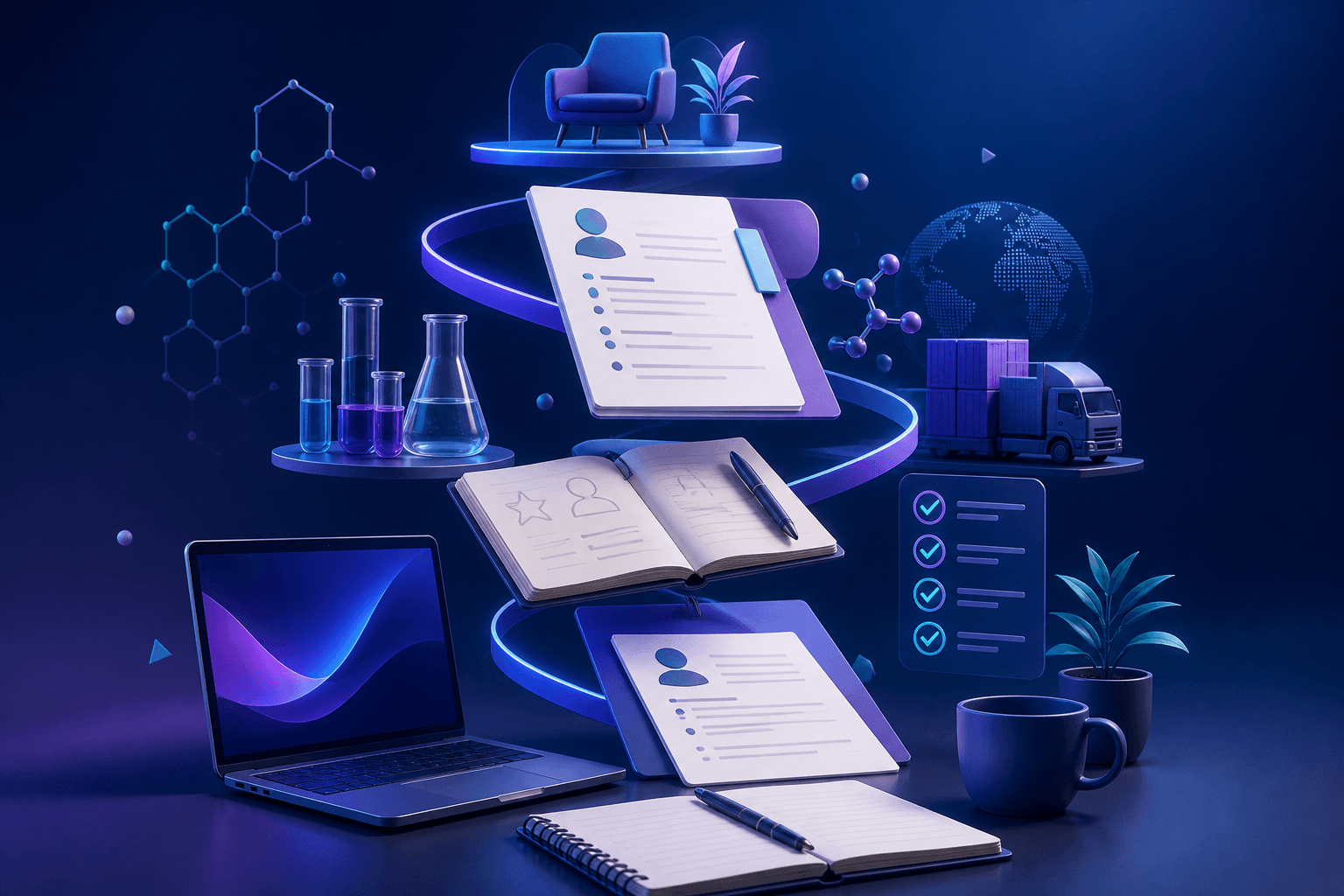 Editorial illustration for a guide on how to get a job at Sanofi, showing a modern healthcare hiring workspace with resume pages, interview notes, a laptop, and abstract life sciences visuals.