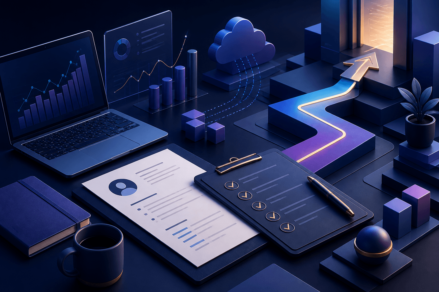 Editorial illustration for a guide on how to get a job at Santander, showing a finance-and-technology hiring journey with documents, interview icons, and analytics visuals.
