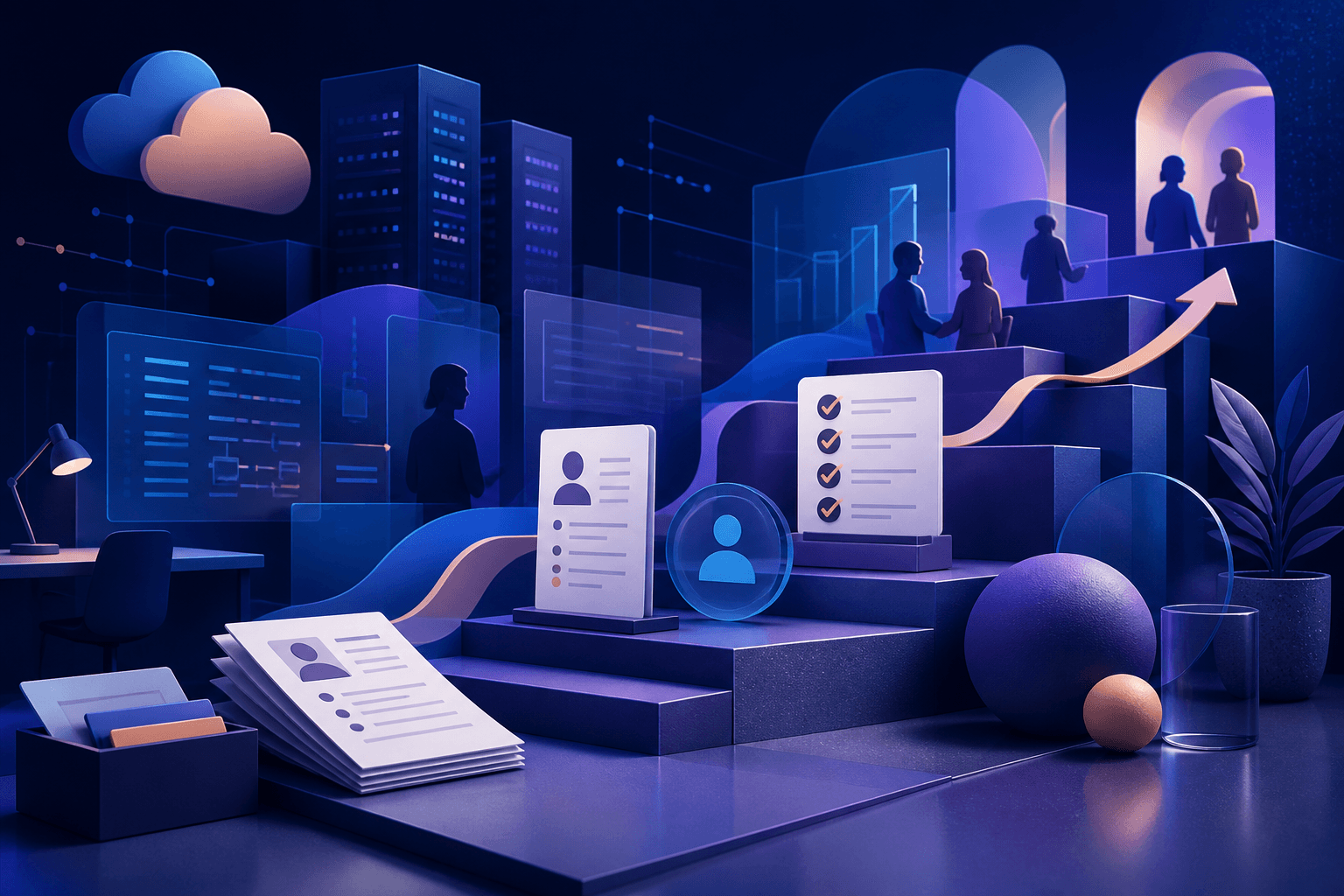 Editorial illustration for a SAP hiring guide showing a modern enterprise workspace with abstract software, cloud, and interview themes.
