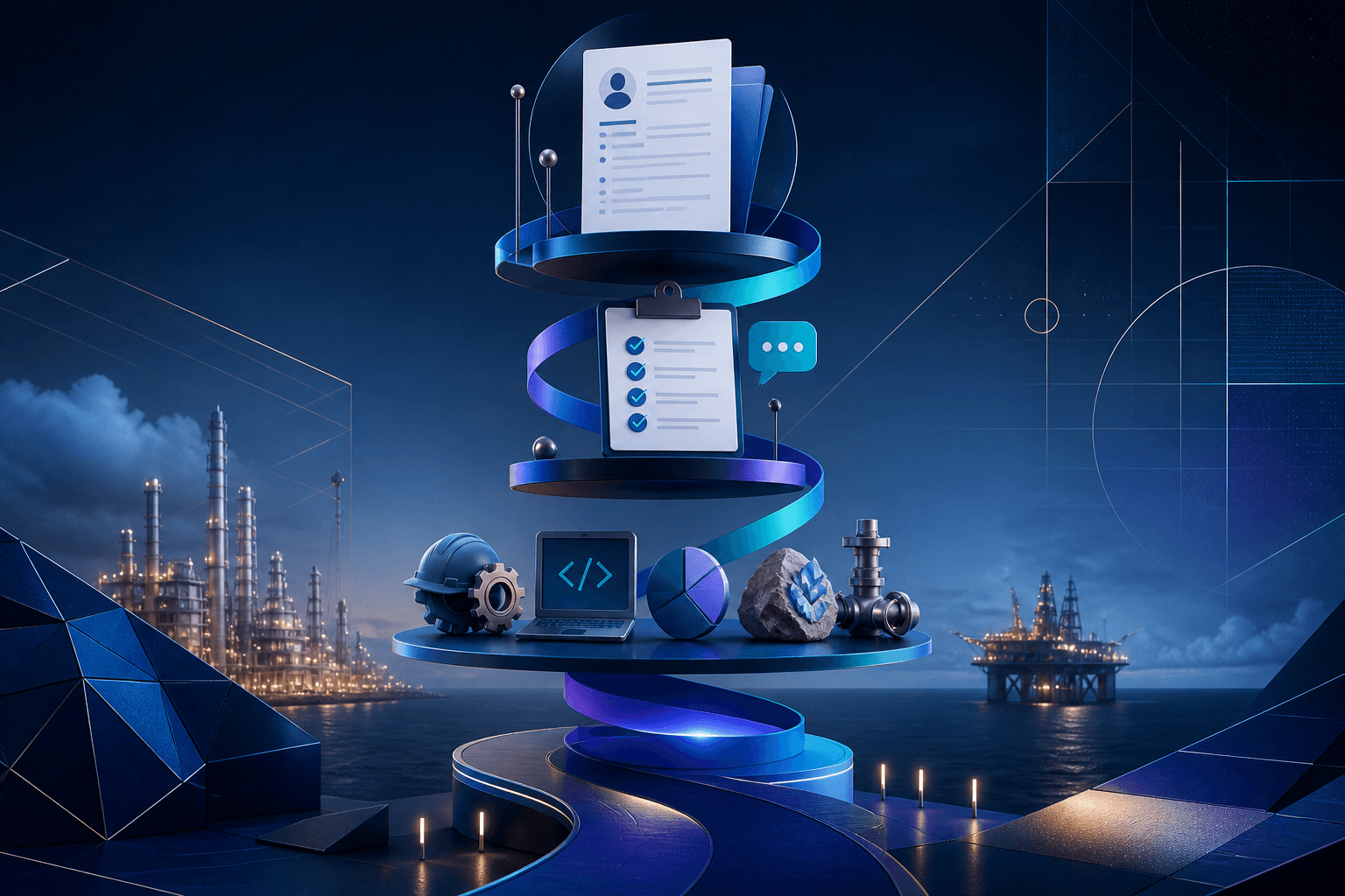 Editorial illustration for a guide on how to get a job at Saudi Aramco, showing a technical hiring pathway with abstract energy and engineering motifs.