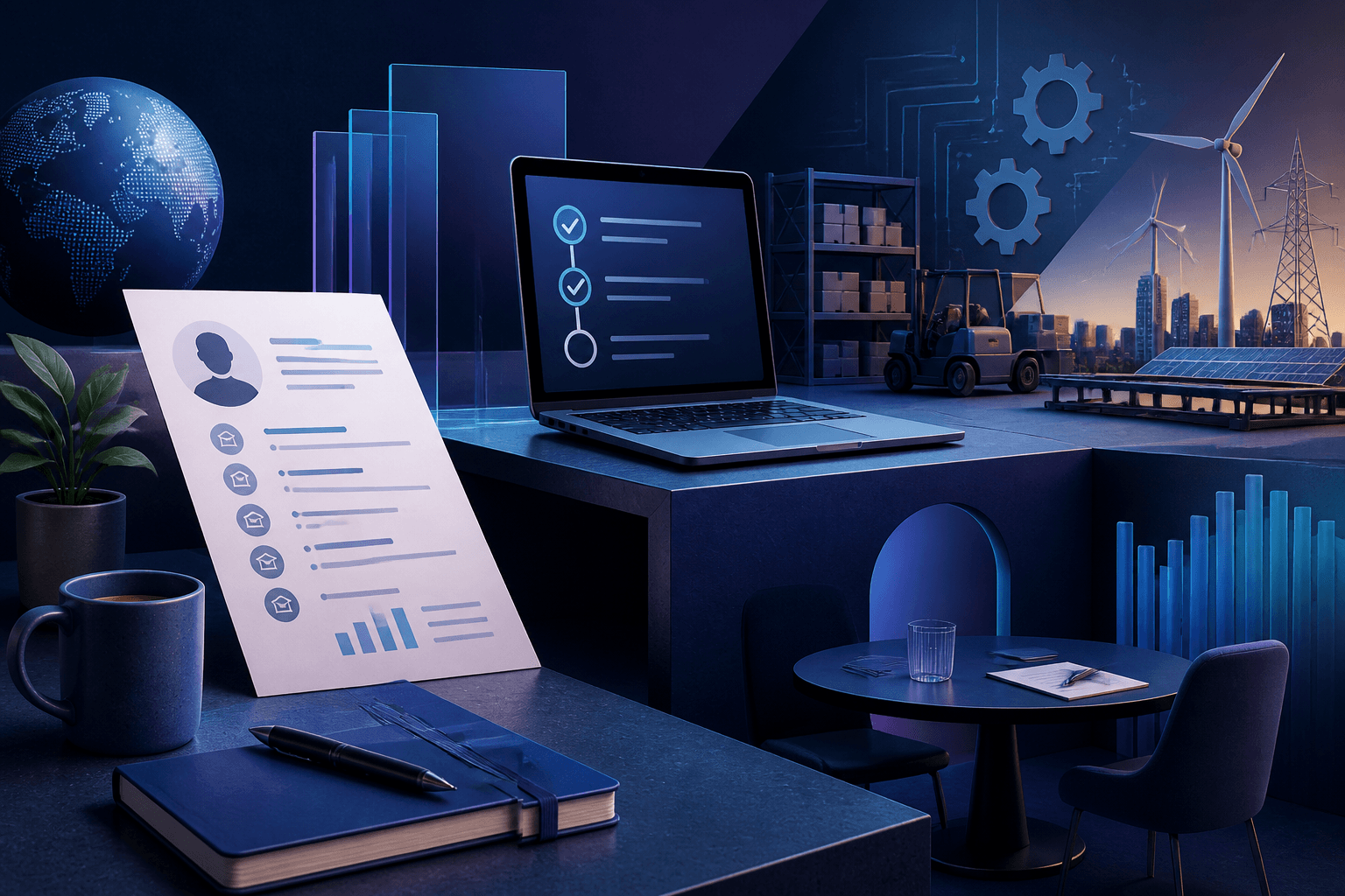 Editorial illustration for a guide on how to get a job at Schneider Electric, showing a job seeker reviewing a resume and interview checklist near industrial and digital work symbols.