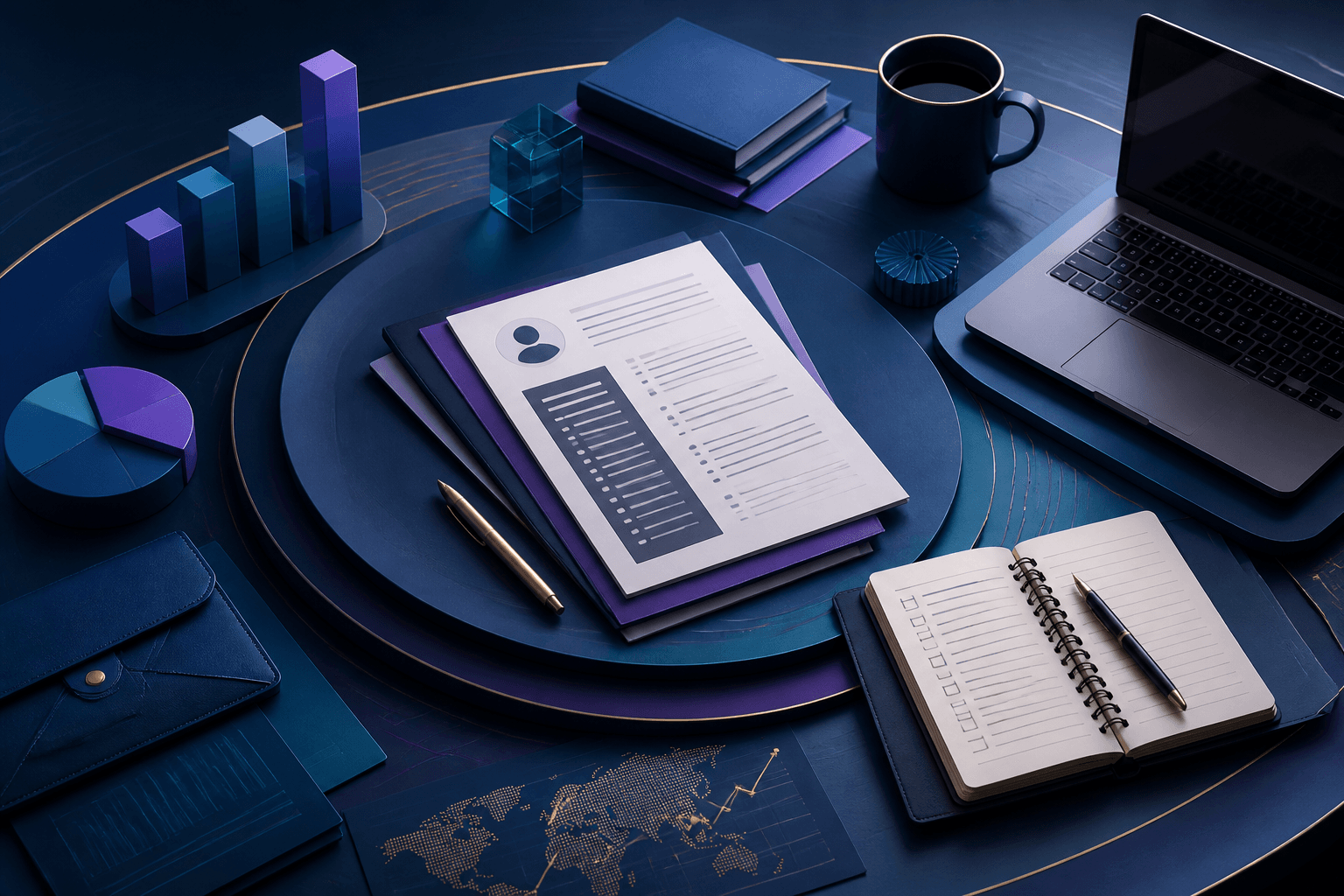 Editorial illustration for a Scotiabank hiring guide showing a finance-and-tech workplace scene with resume pages, interview notes, and abstract blue and violet shapes.
