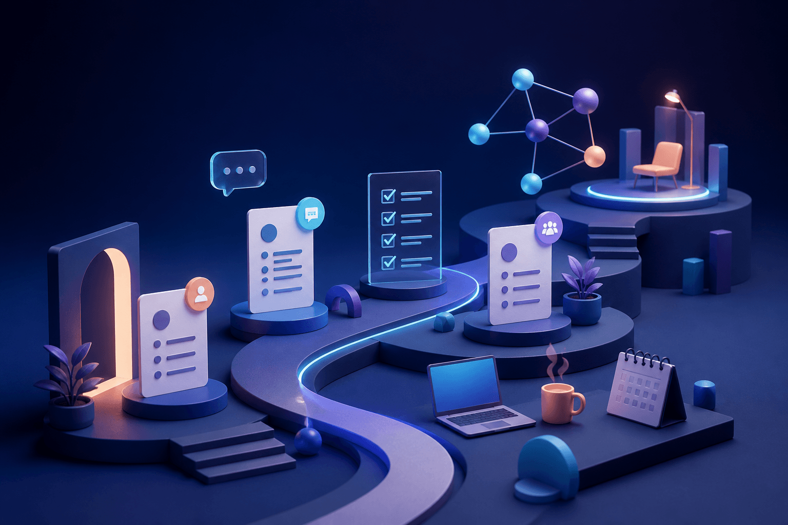 Editorial illustration for a guide on how to get a job at ServiceNow, showing a modern hiring workflow with resume pages, interview panels, and abstract workplace elements in a dark blue and cyan palette.