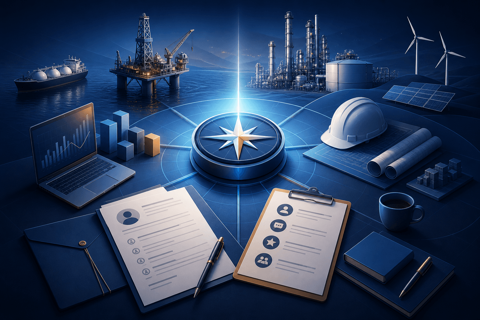 Editorial illustration for a guide on how to get a job at Shell, showing an abstract energy-industry workplace with resume, interview, and operations symbols on a dark blue background.
