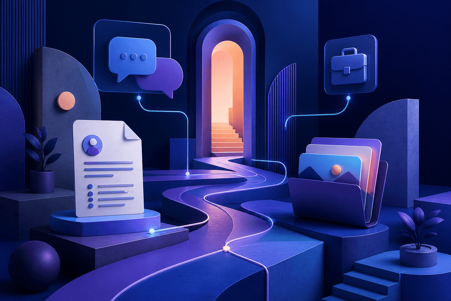 Editorial illustration for a guide on how to get a job at Shopify, showing a modern hiring journey with resume, interview, and workplace symbols.