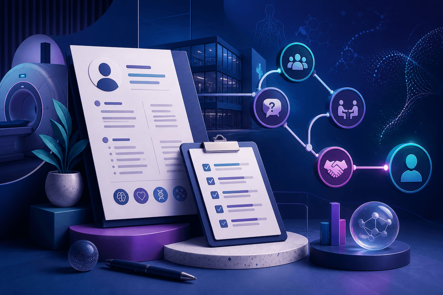 Editorial illustration of healthcare hiring for a Siemens Healthineers job search guide, with resume documents, interview icons, and abstract medical and workplace shapes on a dark blue and cyan background.