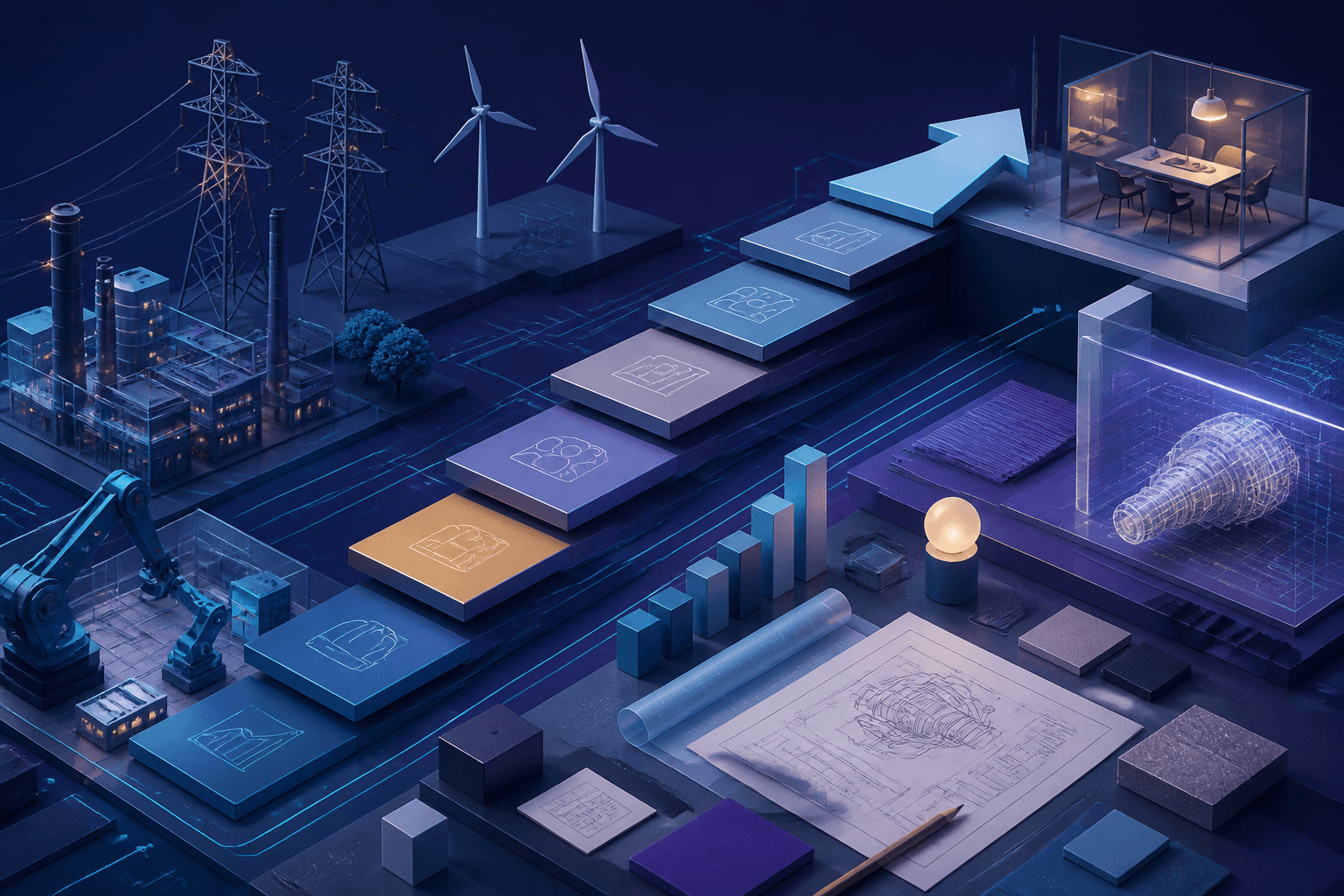 Editorial illustration for a Siemens job search guide showing industrial, energy, and technology workplace elements in a modern dark blue and violet style.