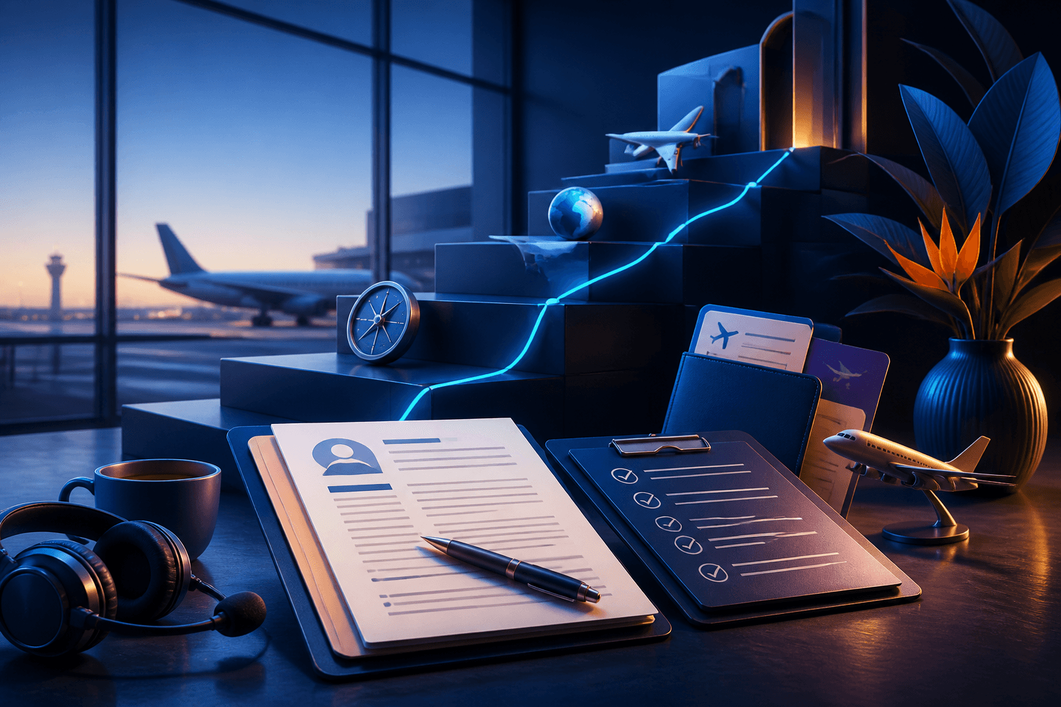 Editorial illustration for a guide on how to get a job at Singapore Airlines, showing an airport terminal, resume pages, interview checklist, and aviation-themed abstract shapes in a dark blue and cyan palette.