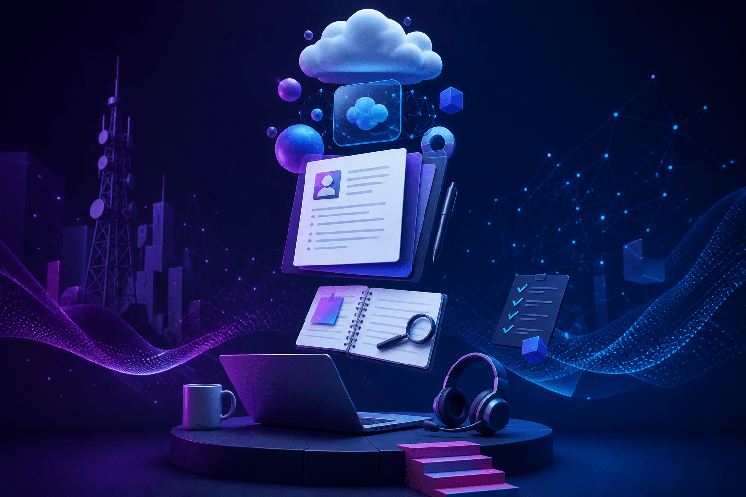 Modern editorial illustration for a guide on how to get a job at SK Telecom, showing a candidate preparing a resume and interview materials amid telecom and technology motifs.