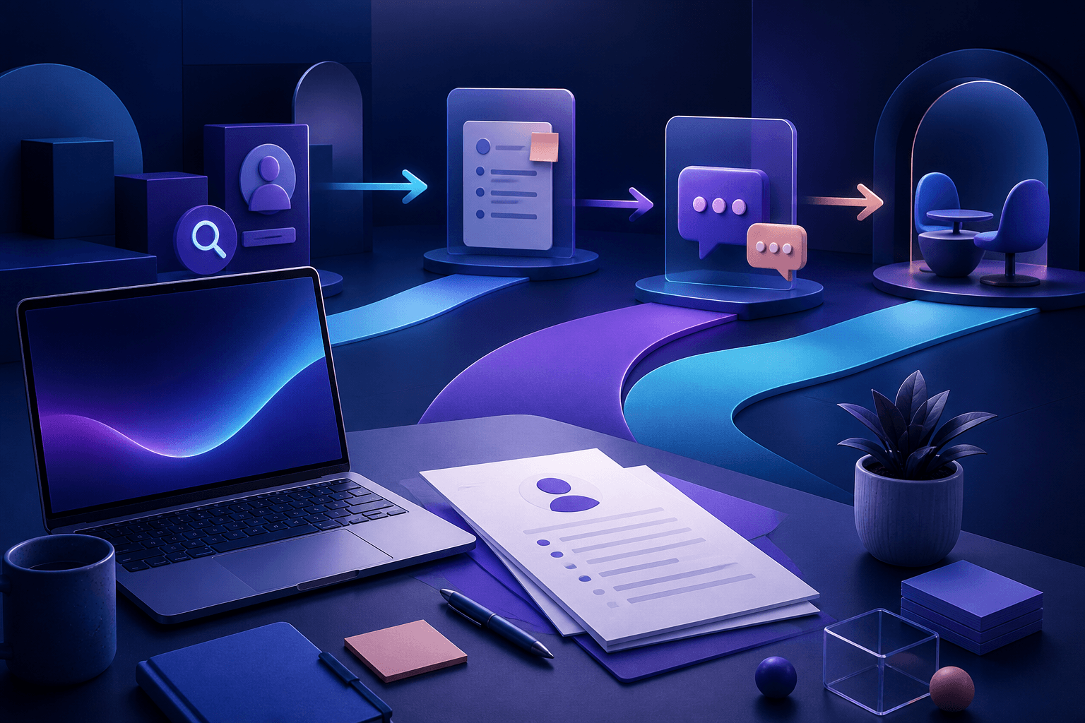 Editorial illustration for a guide on how to get a job at Slack, showing a modern workplace desk, abstract hiring flow shapes, and interview preparation symbols in dark blue, violet, and cyan.