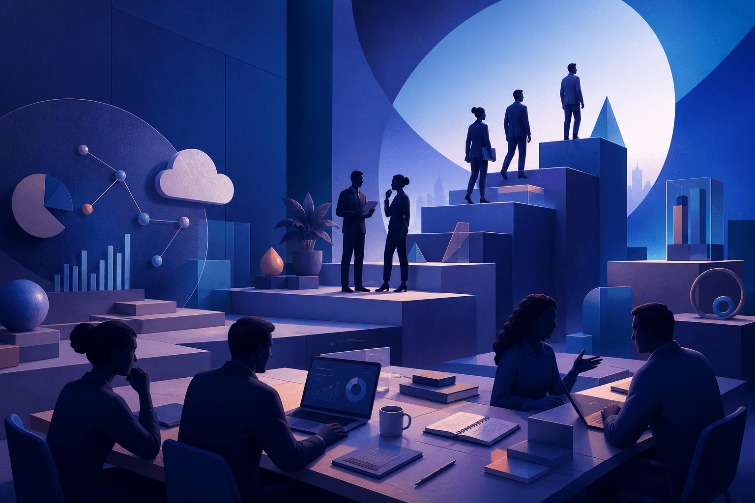 Modern editorial illustration for a guide on getting hired at Slalom, showing a consulting workspace with abstract charts, laptops, notebooks, and collaborative figures in a dark blue and cyan palette.