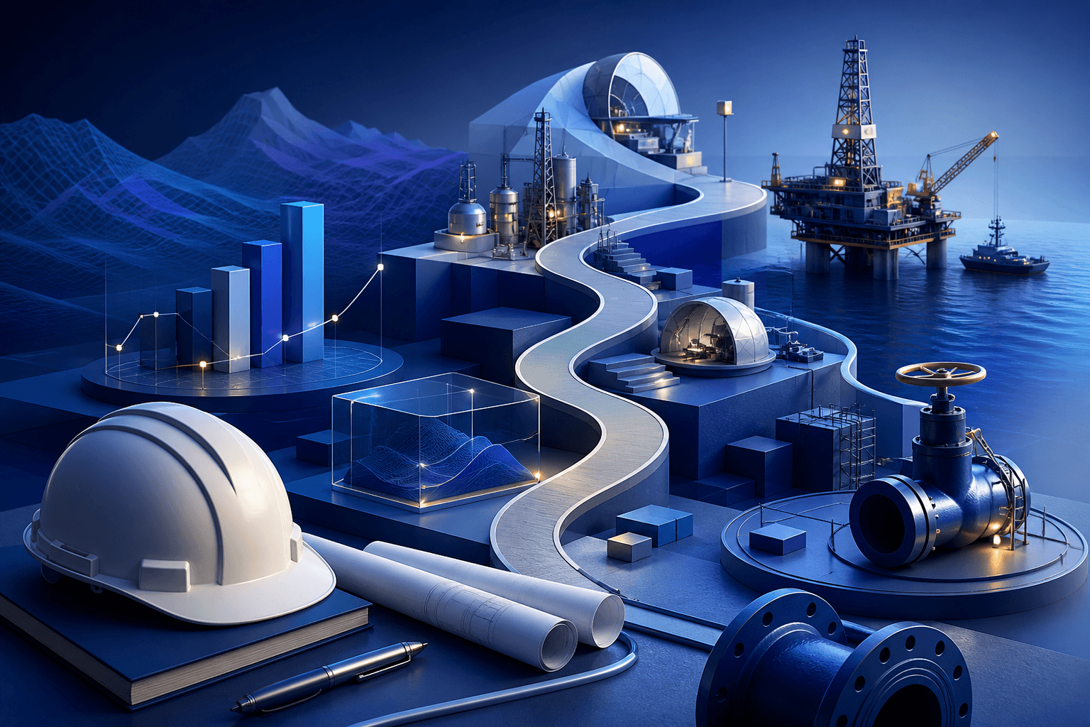 Editorial illustration for a guide on how to get a job at SLB, showing industrial and energy-career objects on a dark blue and violet background.
