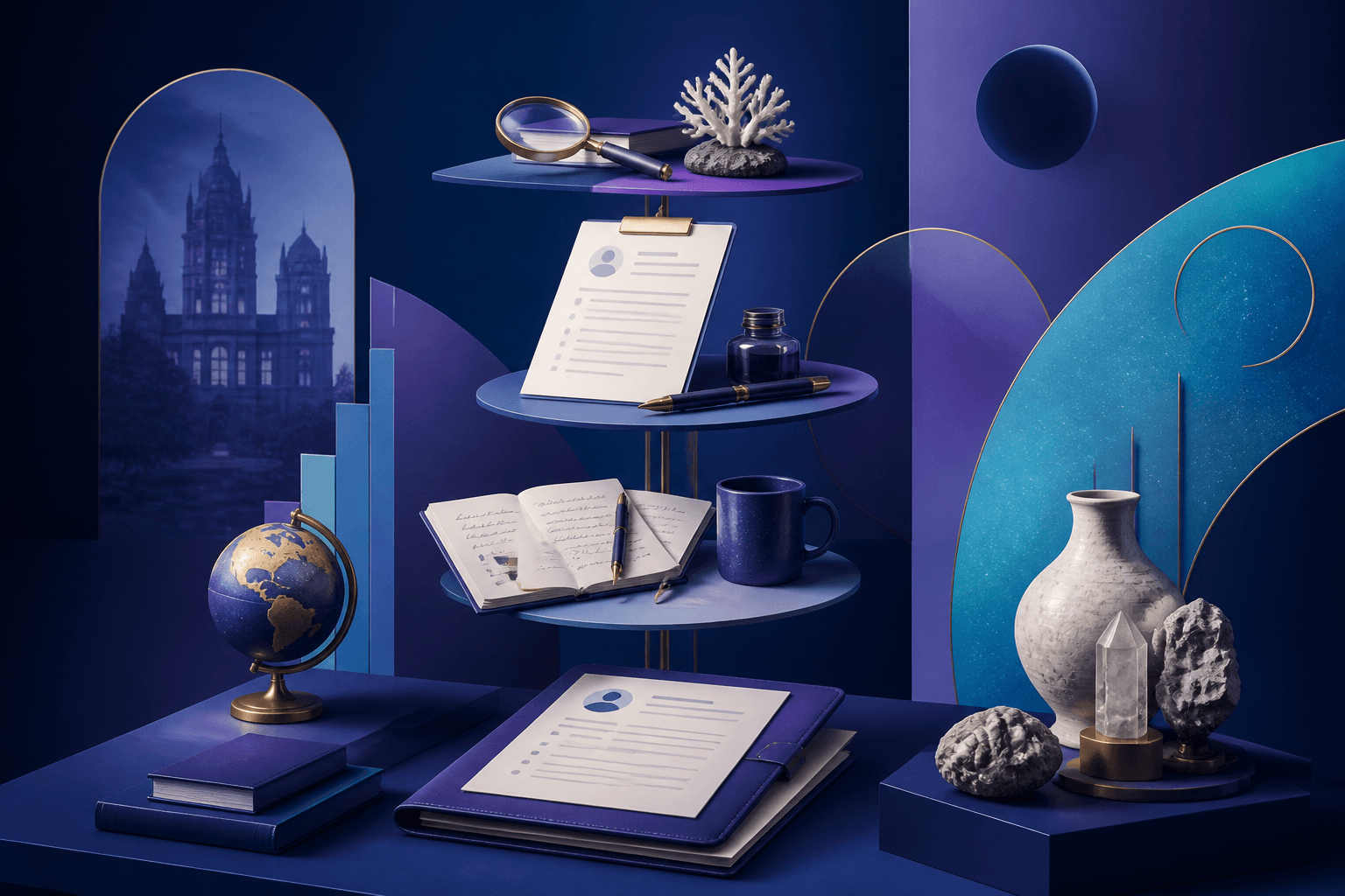 Editorial illustration for a job seeker guide about Smithsonian Institution hiring, showing workplace objects, documents, and abstract museum and research elements in a dark blue, violet, and cyan palette.