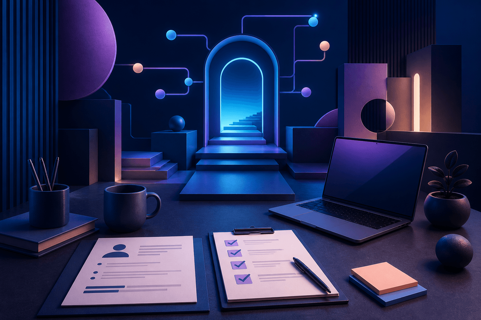 Editorial illustration for a guide on how to get a job at Snap, showing a modern workspace with abstract hiring signals and career prep tools.