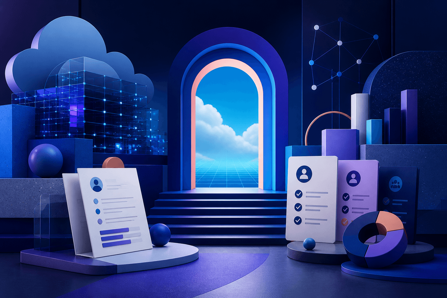Editorial illustration for a Snowflake job application guide with abstract data-cloud shapes, resume pages, interview notes, and teamwork icons in a dark blue and violet palette.