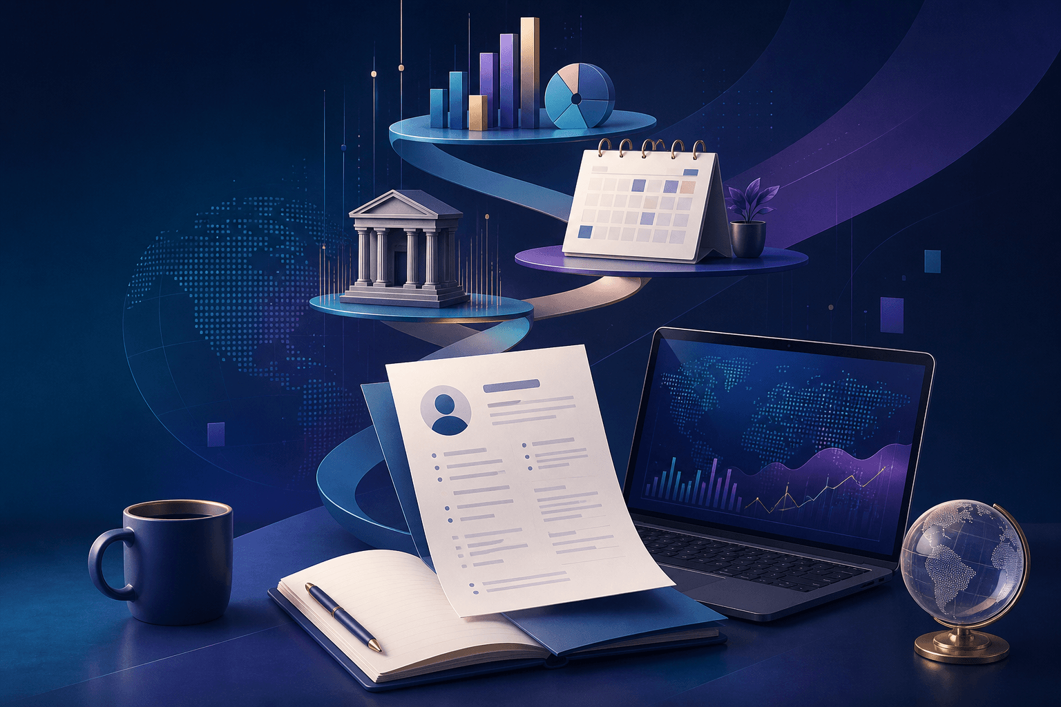 Editorial illustration for a guide on how to get a job at Societe Generale, showing a finance and technology hiring journey with documents, interview icons, and abstract office elements.
